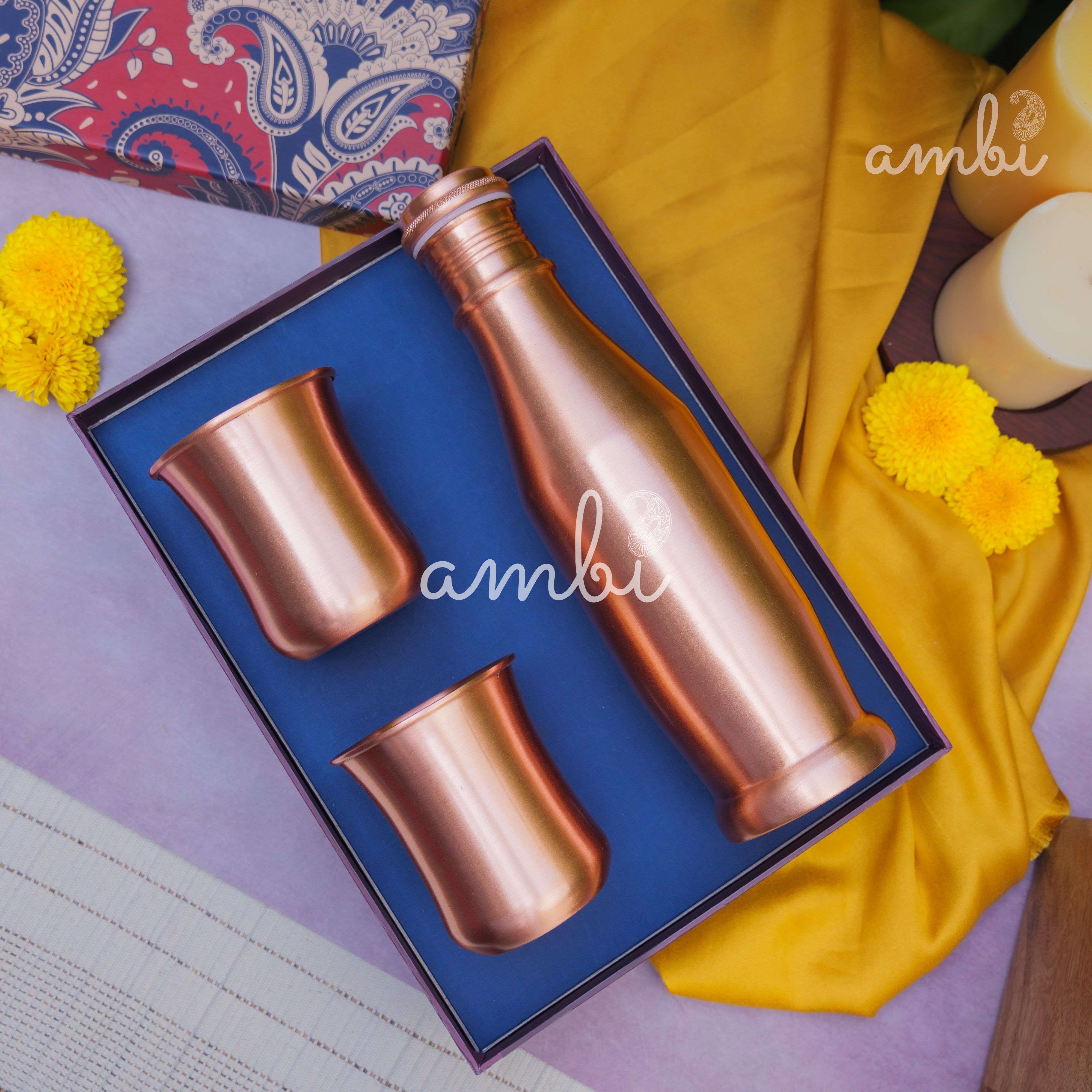 Ambi Pure Copper Bottle & Glass Set with Gift Box – Traditional Elegance (1 Bottle + 2 Glasses)