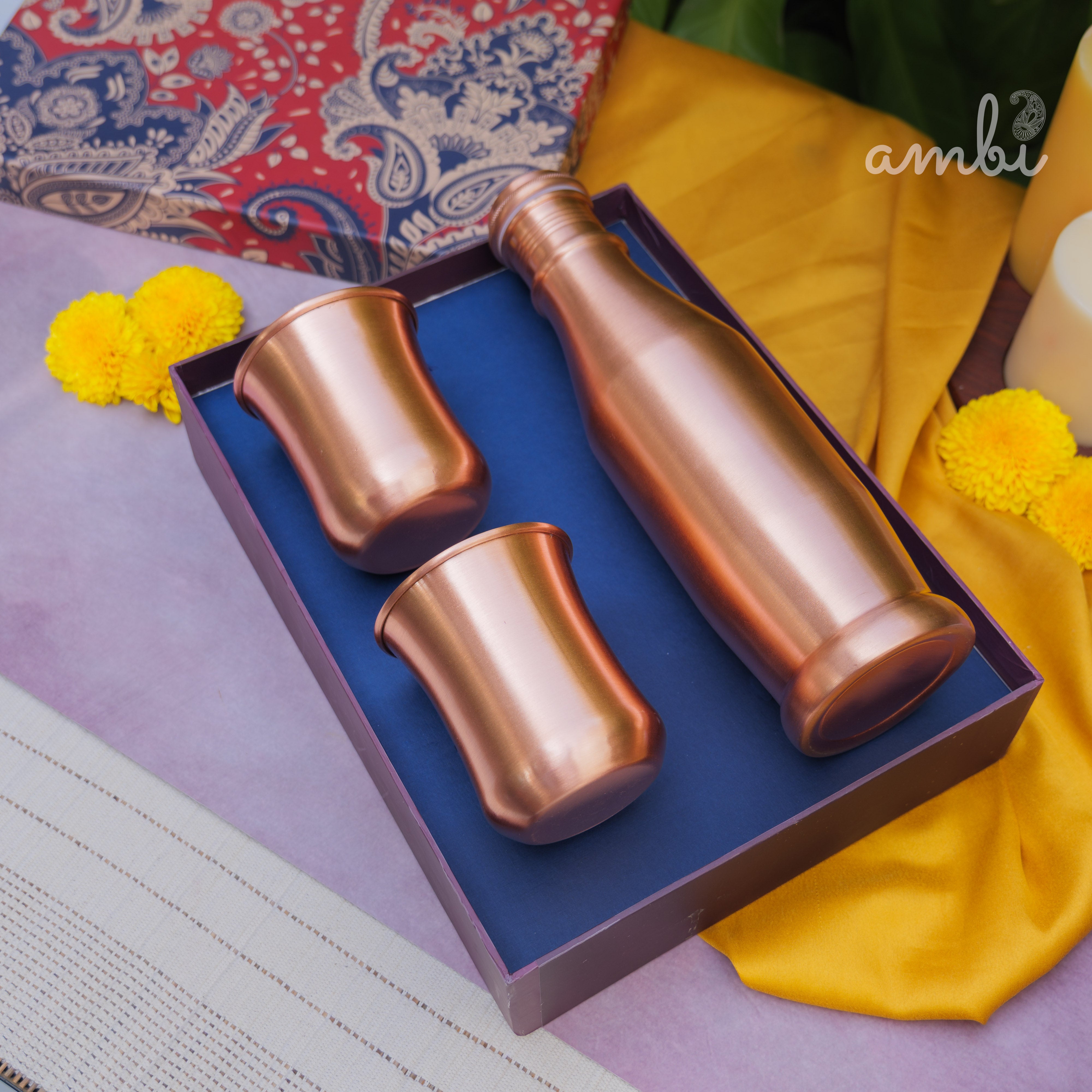 Ambi Pure Copper Bottle & Glass Set with Gift Box – Traditional Elegance (1 Bottle + 2 Glasses)