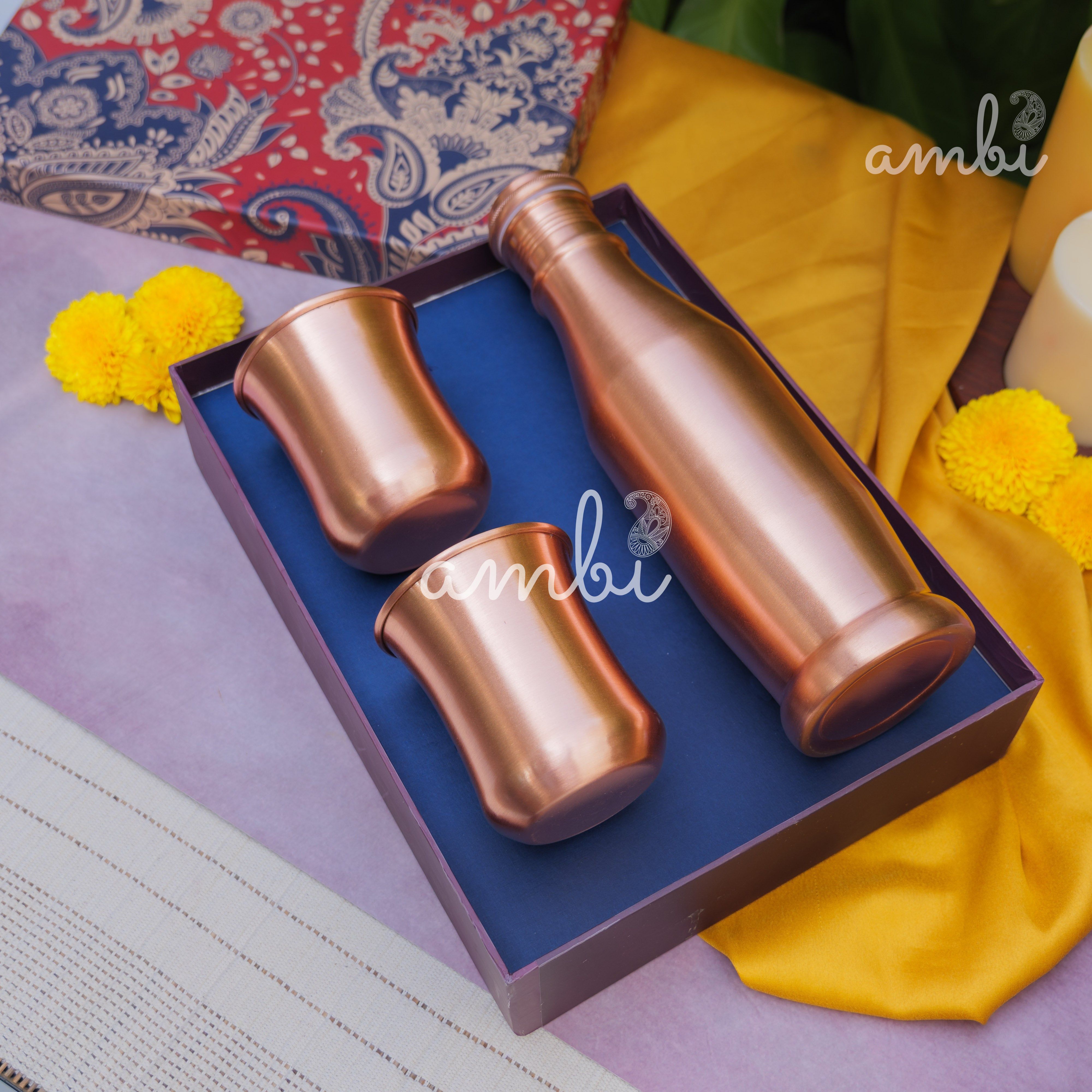 Ambi Pure Copper Bottle & Glass Set with Gift Box – Traditional Elegance (1 Bottle + 2 Glasses)