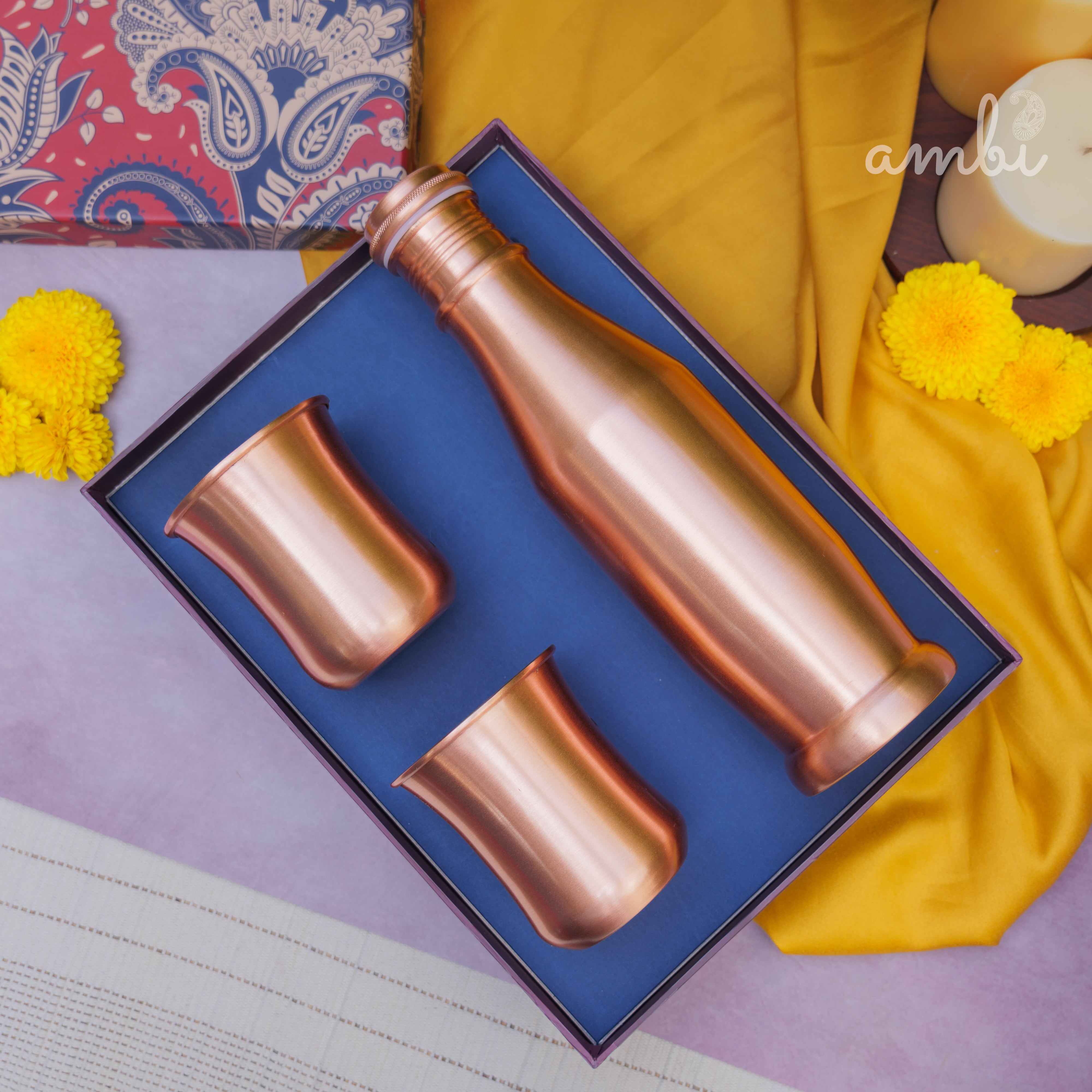 Ambi Pure Copper Bottle & Glass Set with Gift Box – Traditional Elegance (1 Bottle + 2 Glasses)