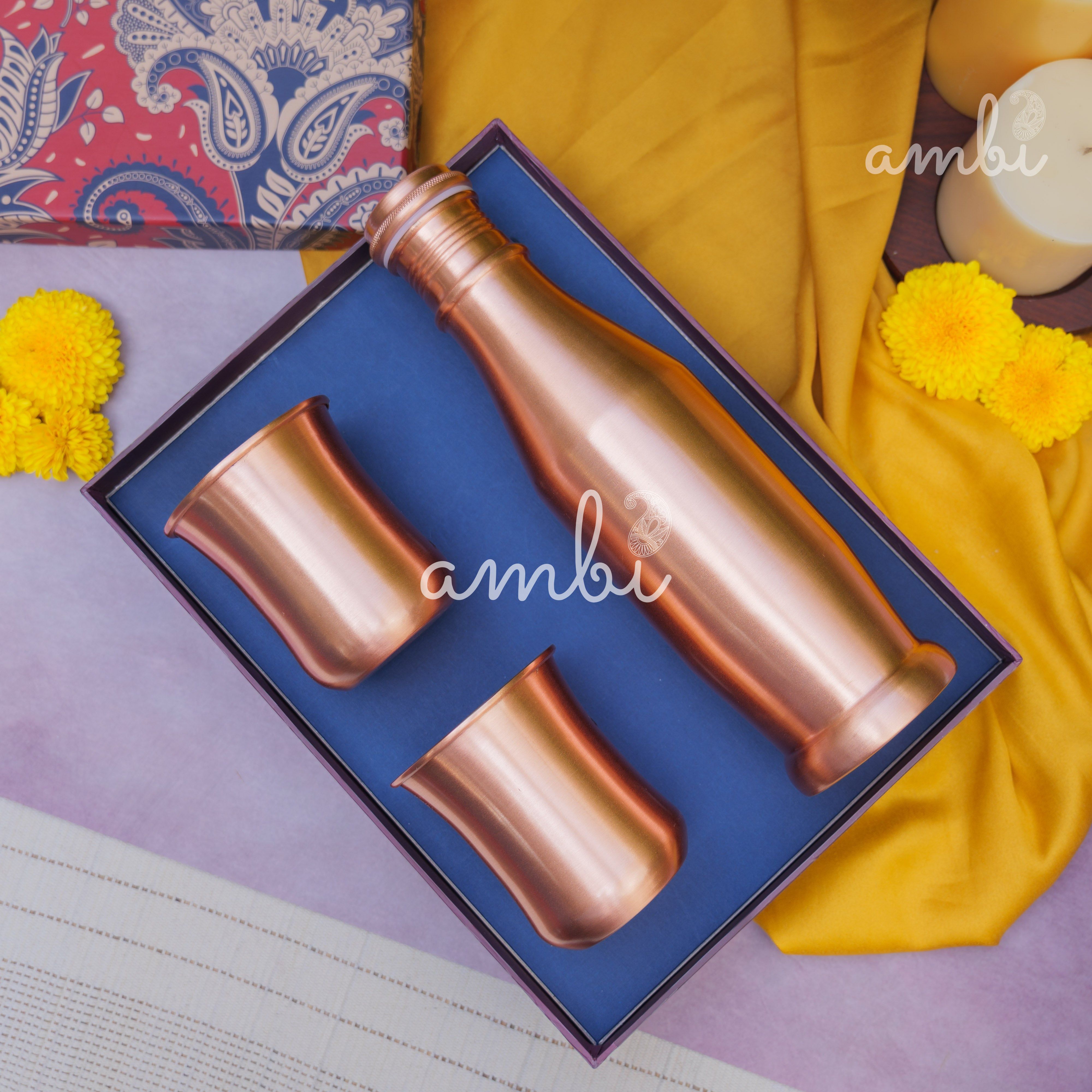 Ambi Pure Copper Bottle & Glass Set with Gift Box – Traditional Elegance (1 Bottle + 2 Glasses)