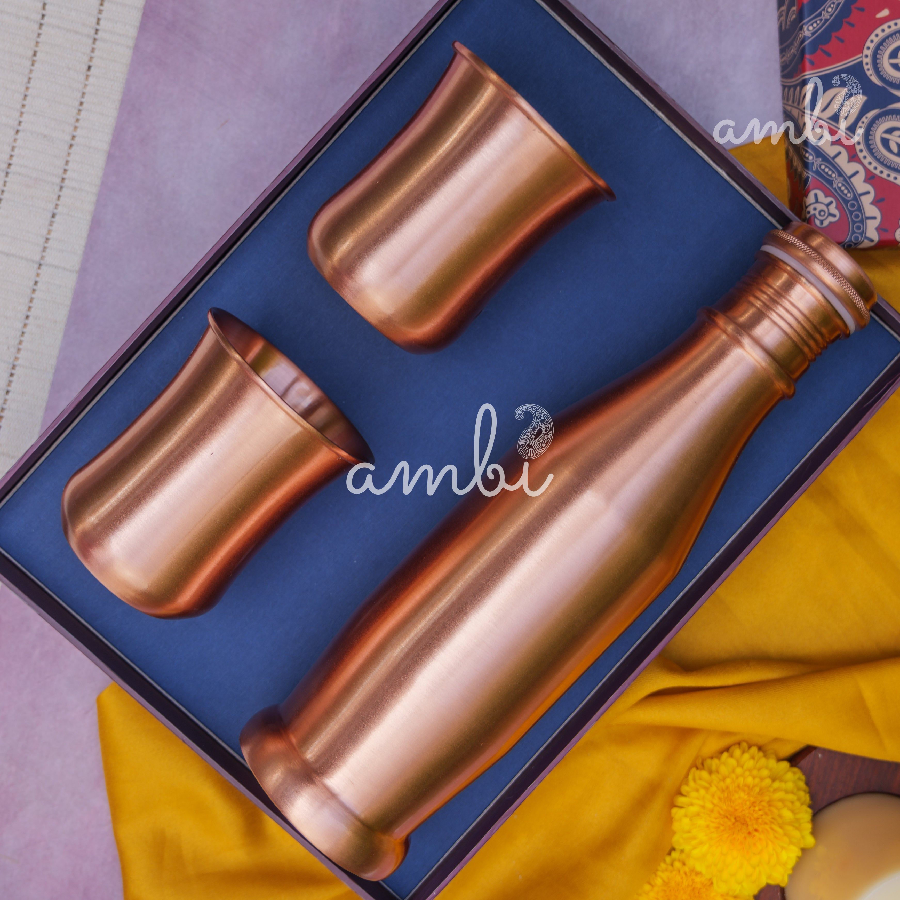 Ambi Pure Copper Bottle & Glass Set with Gift Box – Traditional Elegance (1 Bottle + 2 Glasses)