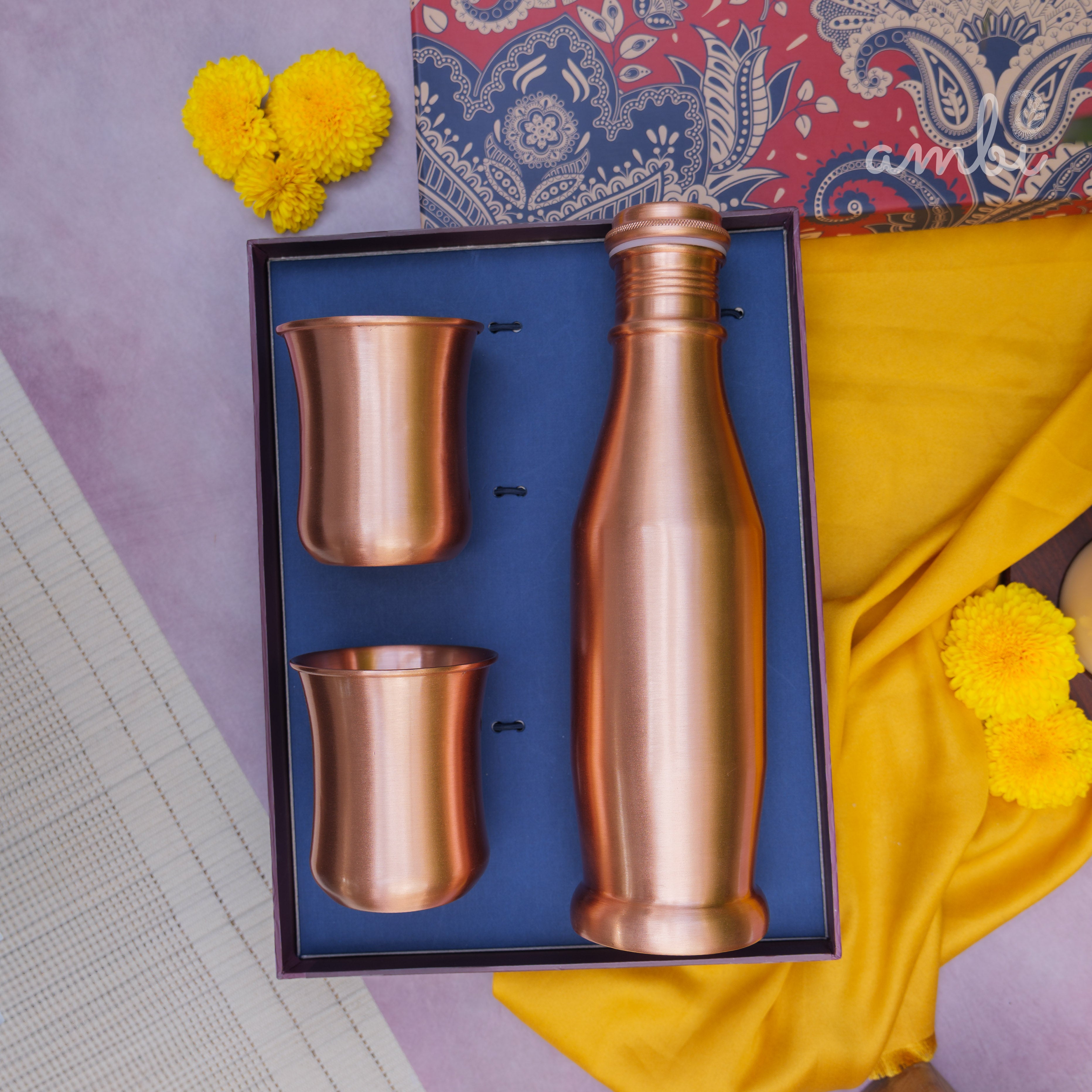 Ambi Pure Copper Bottle & Glass Set with Gift Box – Traditional Elegance (1 Bottle + 2 Glasses)