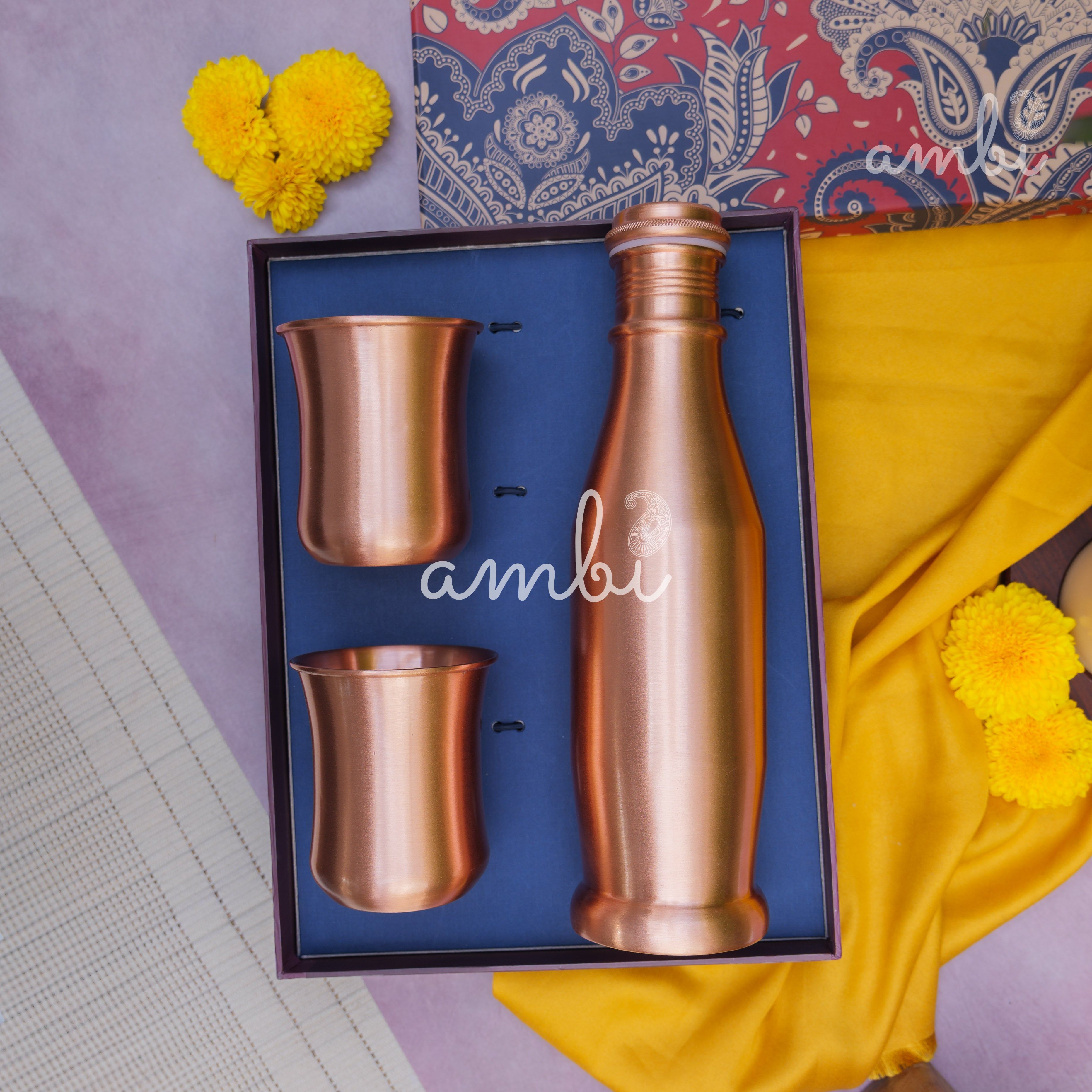 Ambi Pure Copper Bottle & Glass Set with Gift Box – Traditional Elegance (1 Bottle + 2 Glasses)