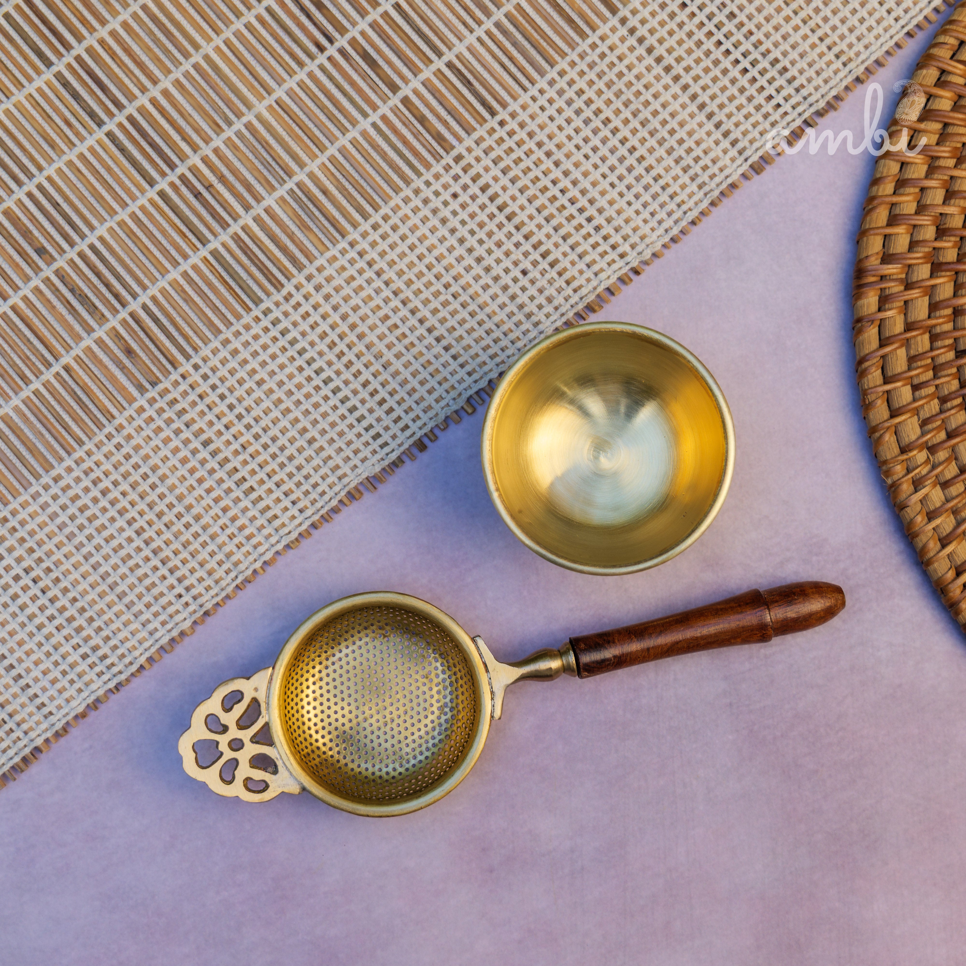 Matte Finish Brass Medium Sized Tea Strainer 2 Piece Set With Wooden Holder