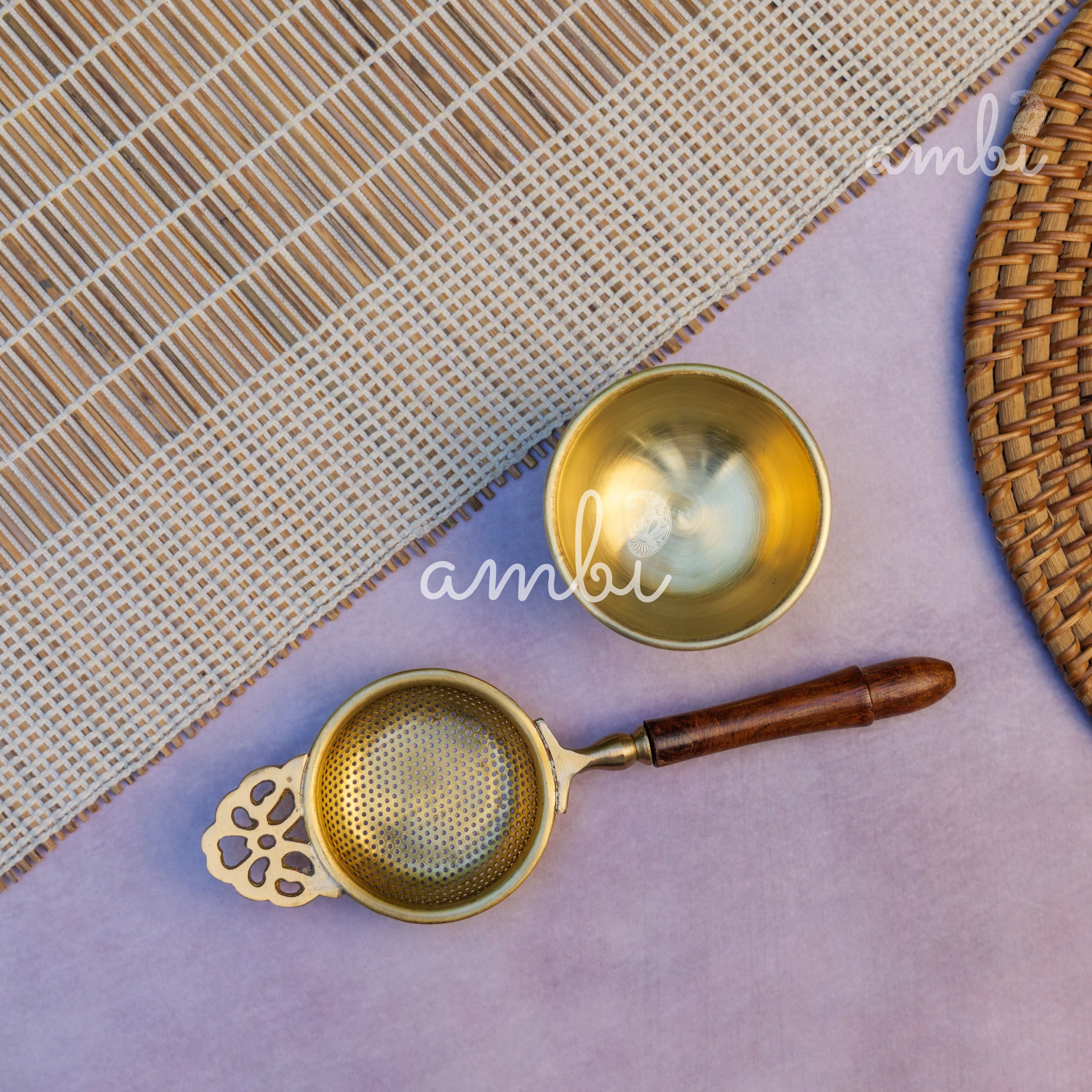 Matte Finish Brass Medium Sized Tea Strainer 2 Piece Set With Wooden Holder