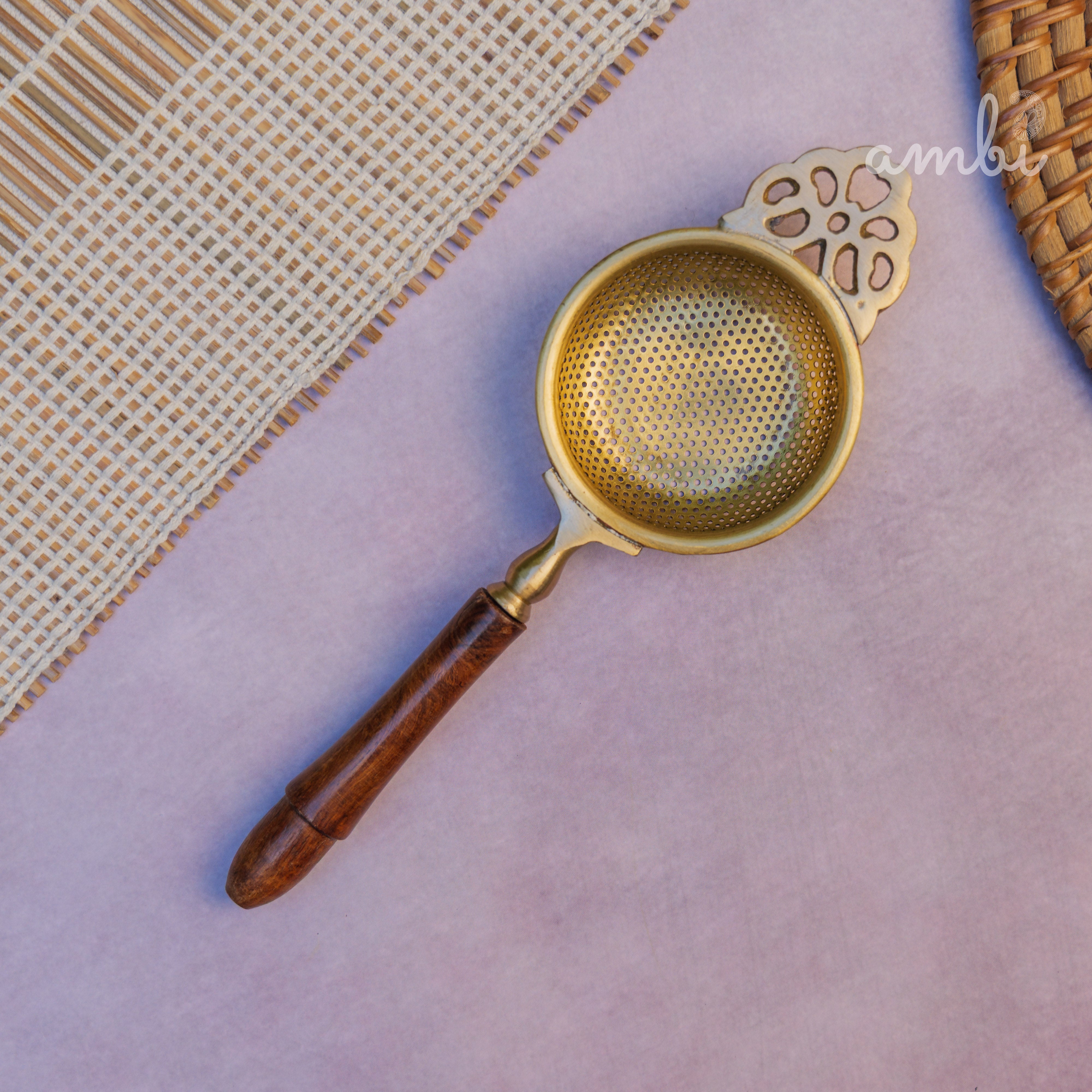 Matte Finish Brass Medium Sized Tea Strainer 2 Piece Set With Wooden Holder
