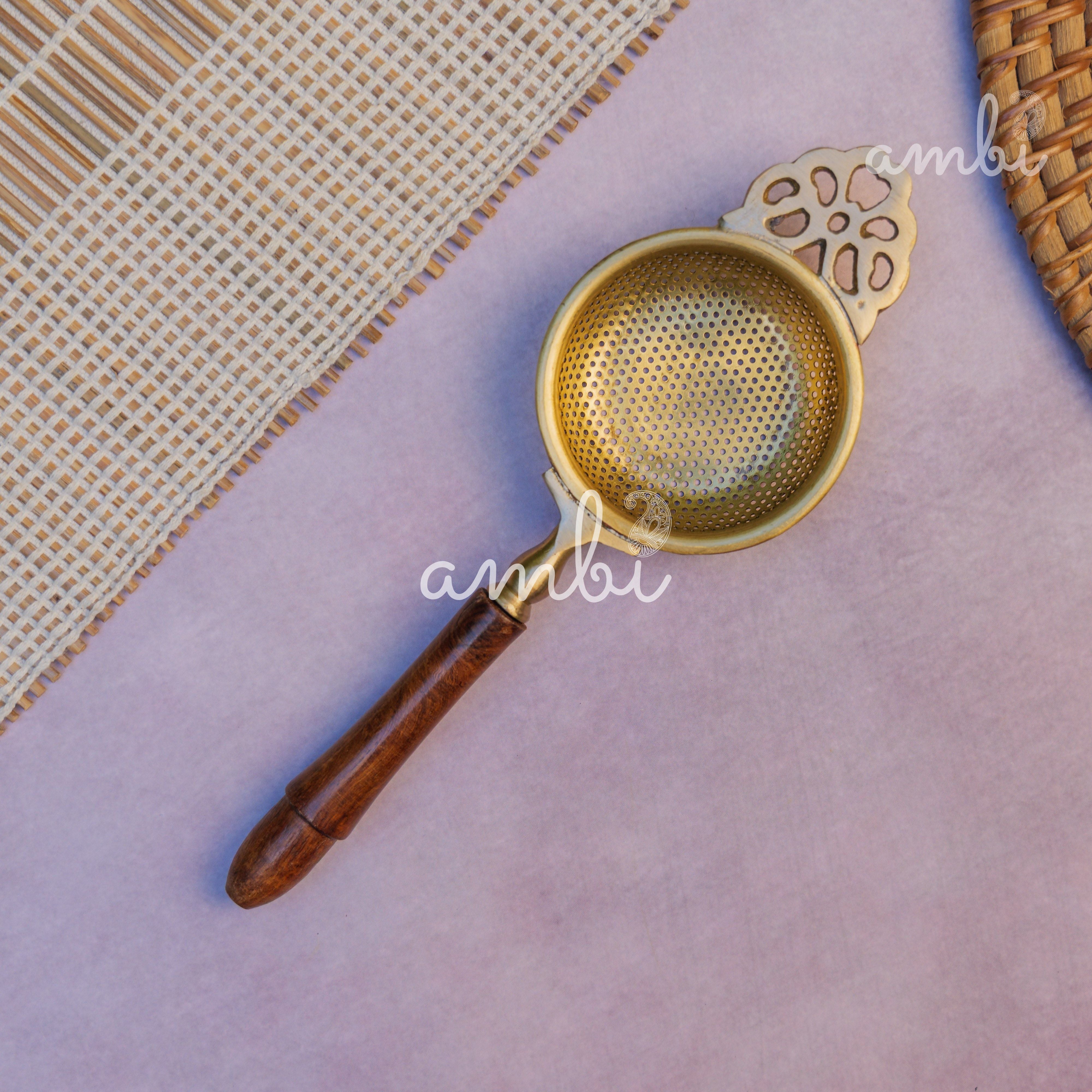 Matte Finish Brass Medium Sized Tea Strainer 2 Piece Set With Wooden Holder