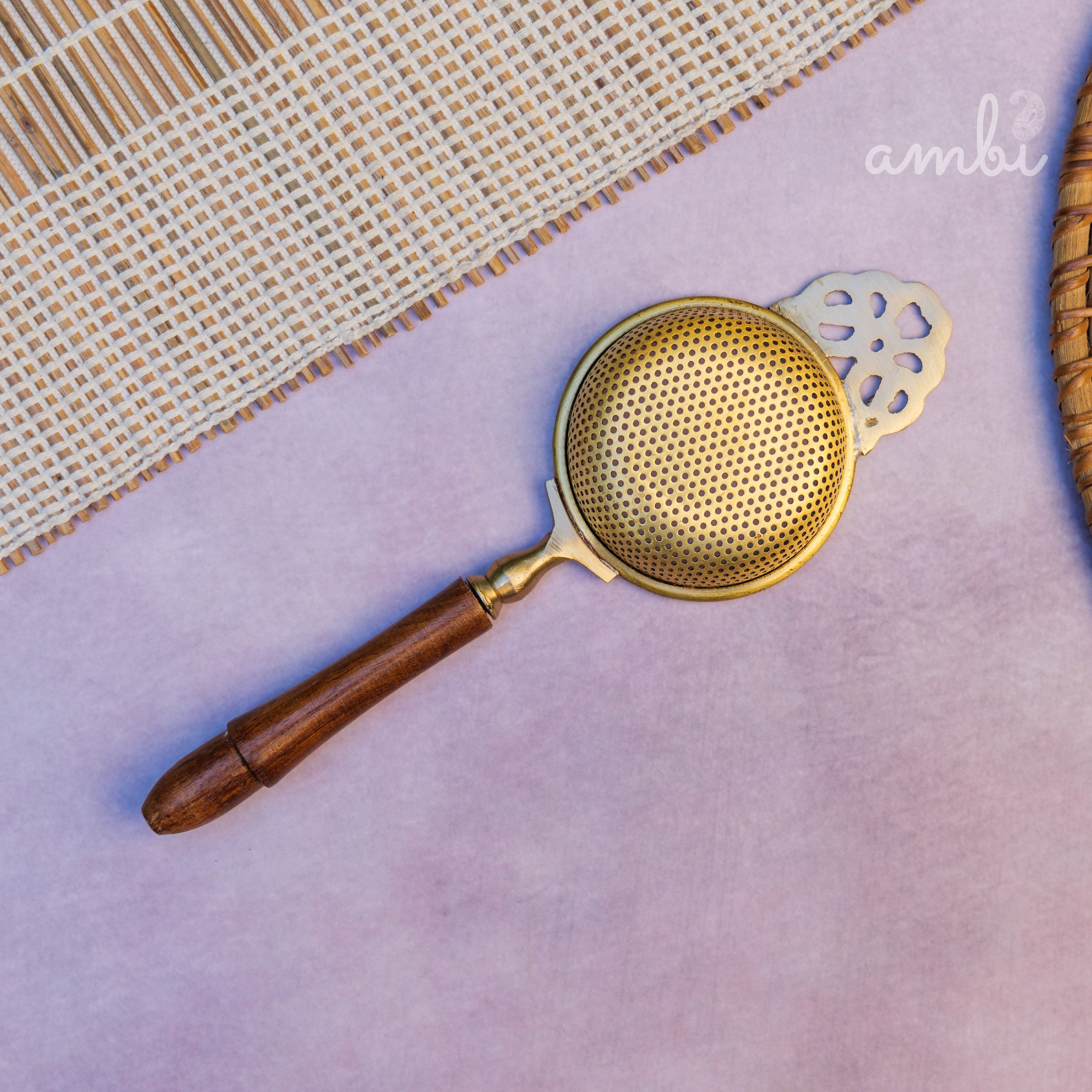 Matte Finish Brass Medium Sized Tea Strainer 2 Piece Set With Wooden Holder