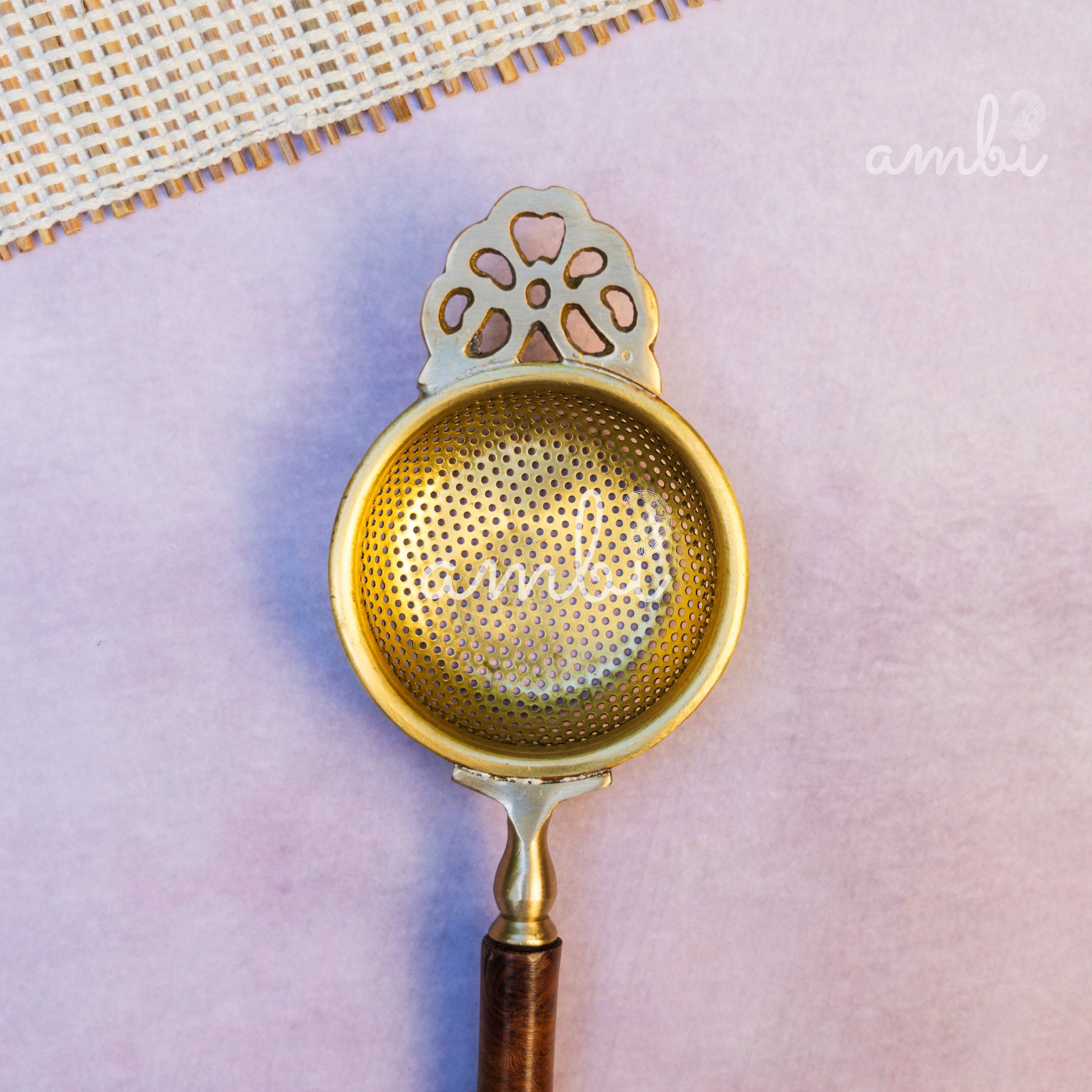 Matte Finish Brass Medium Sized Tea Strainer 2 Piece Set With Wooden Holder