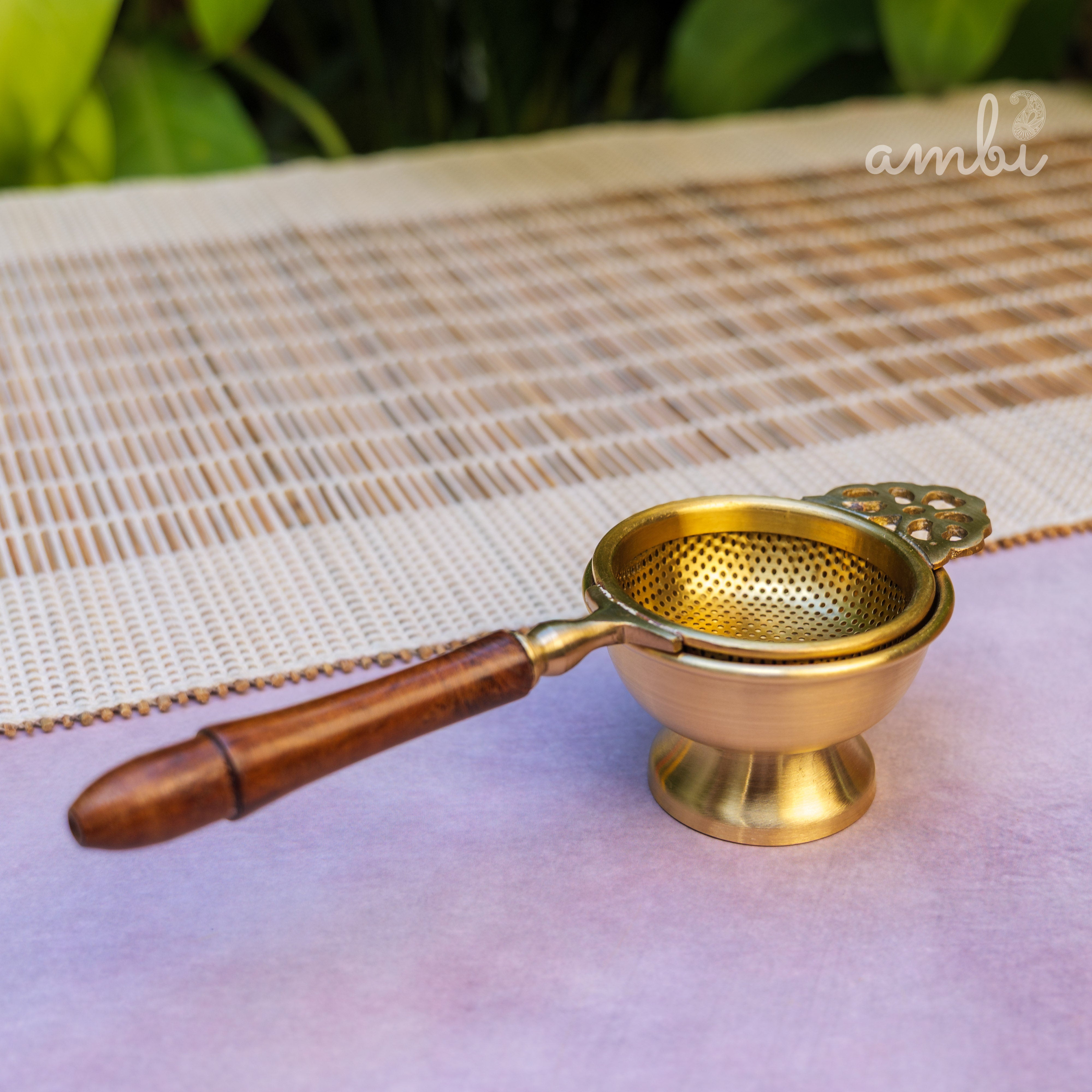 Matte Finish Brass Medium Sized Tea Strainer 2 Piece Set With Wooden Holder