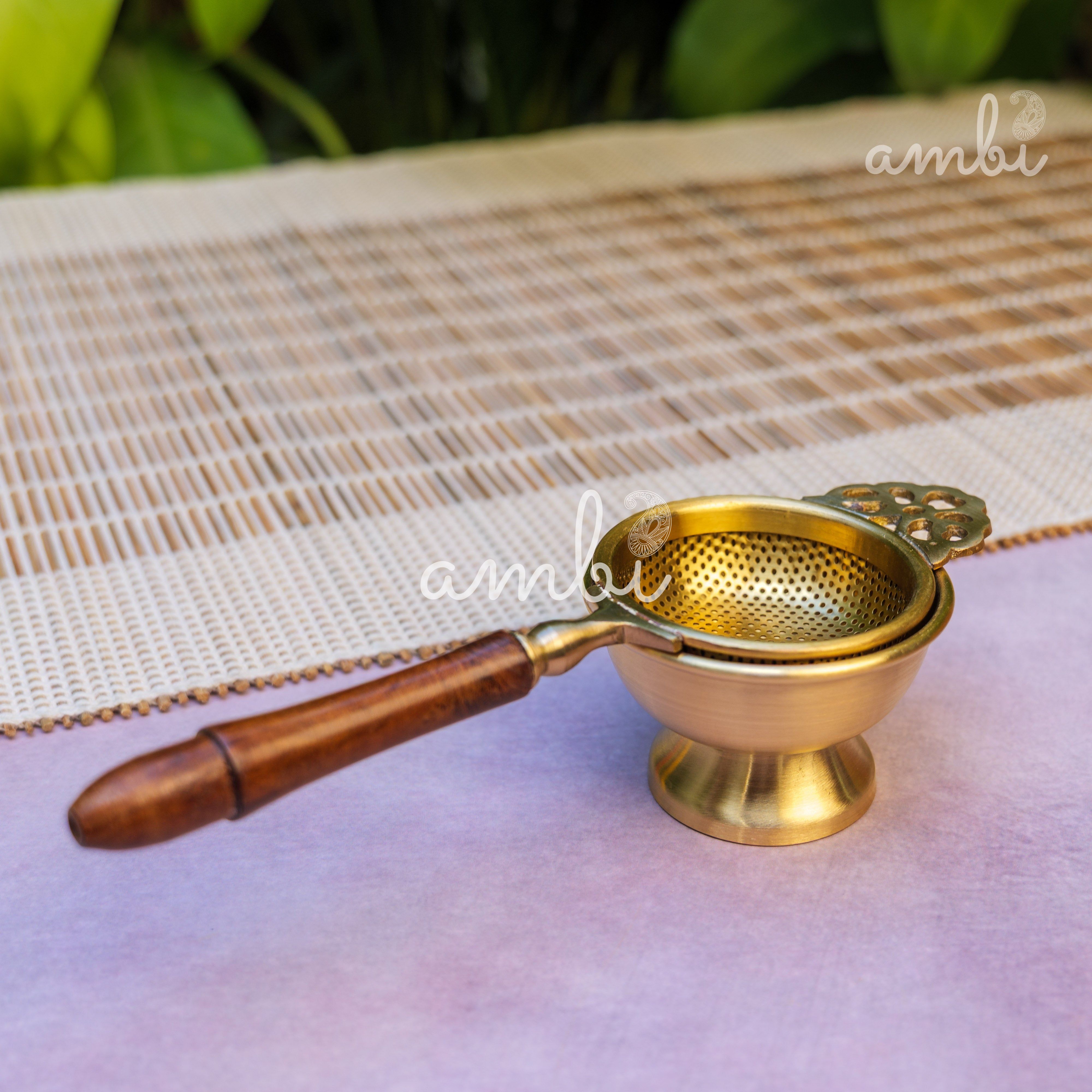 Matte Finish Brass Medium Sized Tea Strainer 2 Piece Set With Wooden Holder