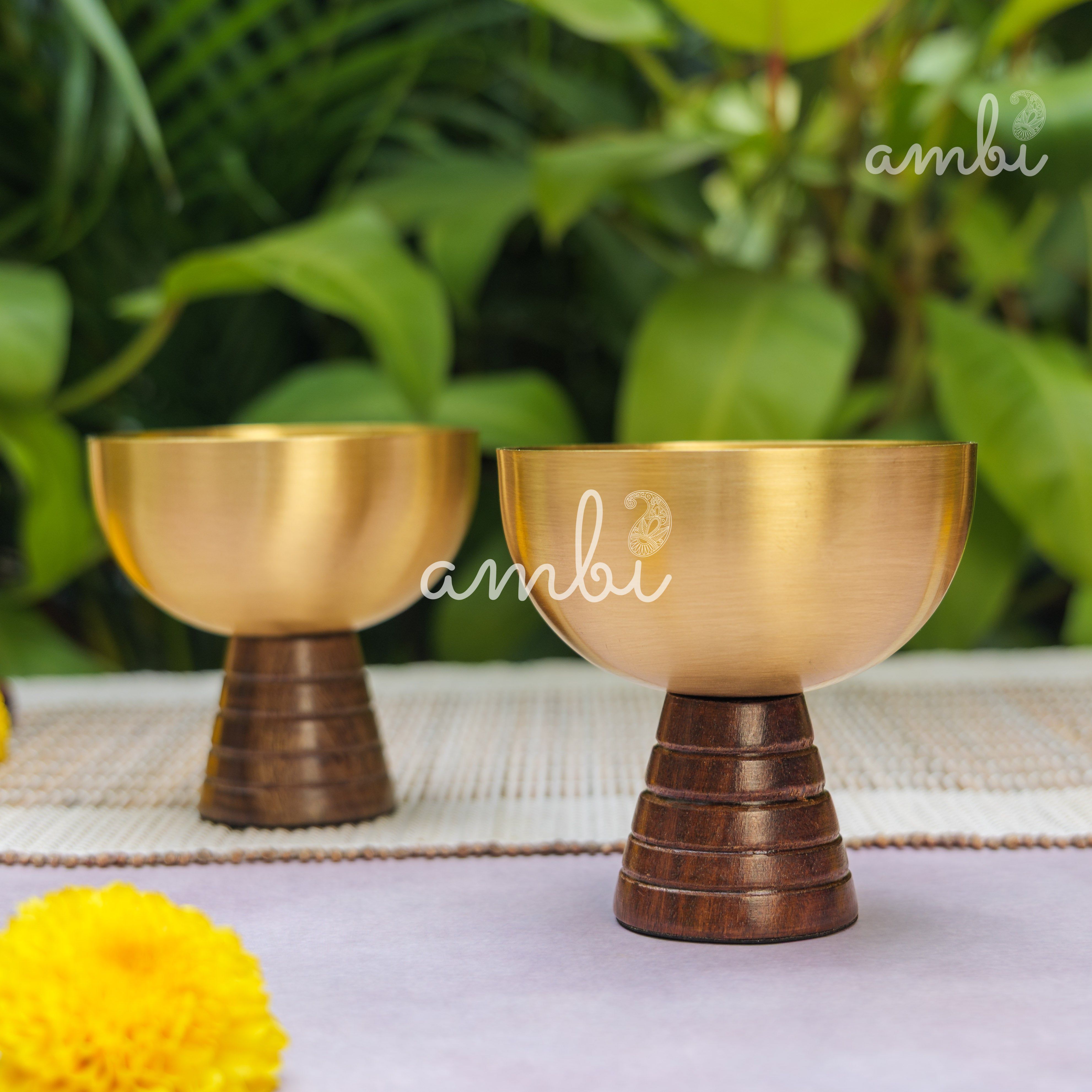 Hemispherical Brass Dessert Bowl on Modern Wooden Pedestal - Set of 2