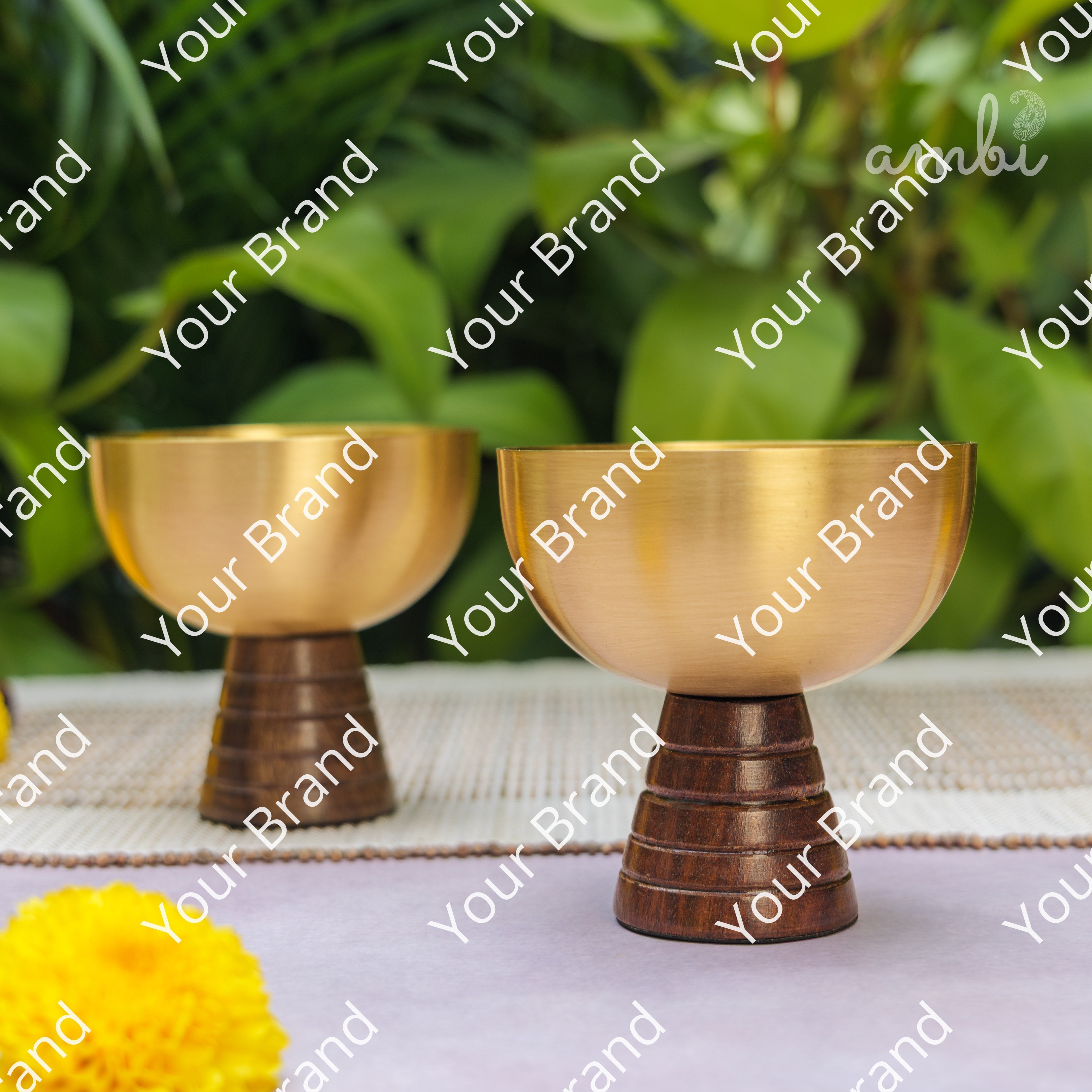 Hemispherical Brass Dessert Bowl on Modern Wooden Pedestal - Set of 2