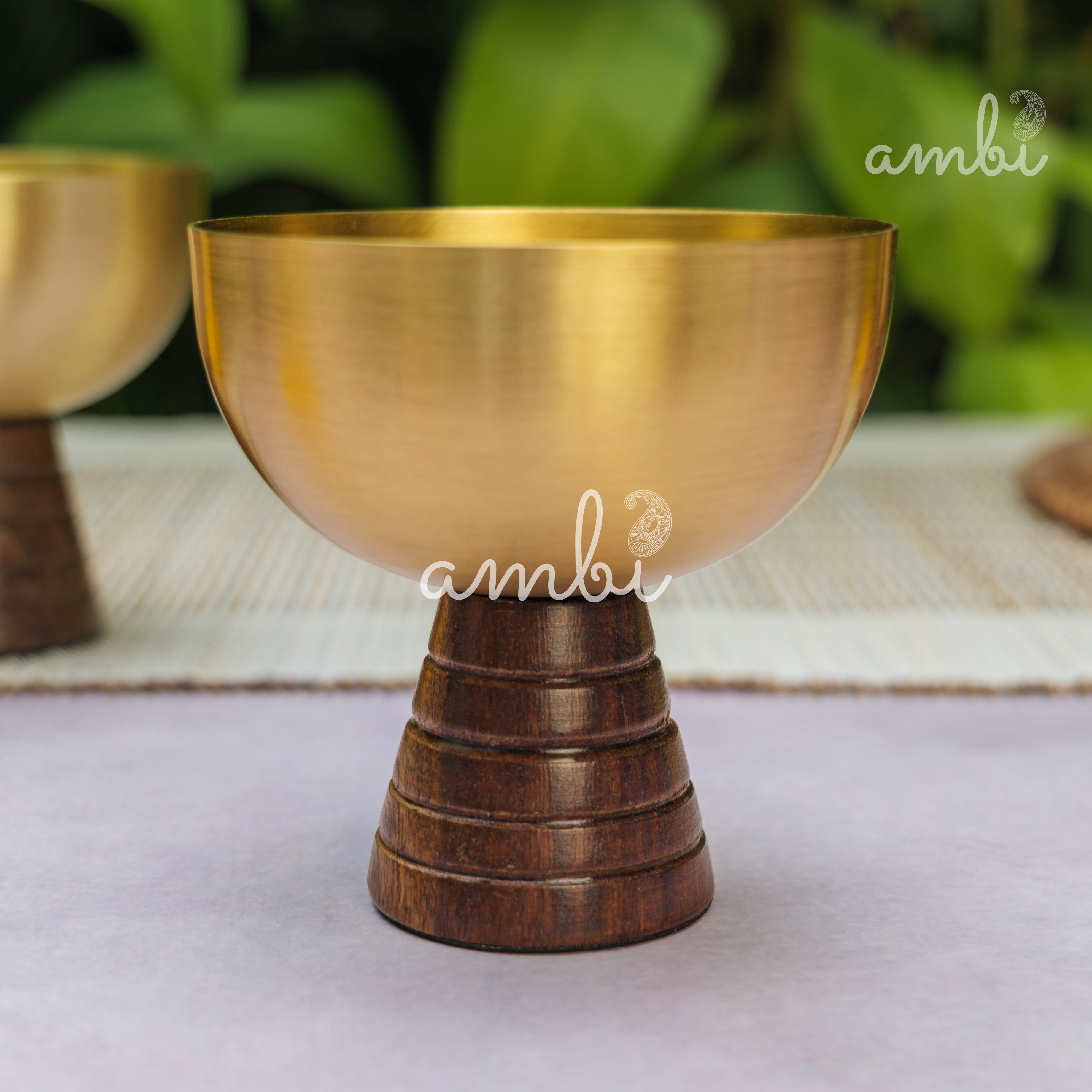 Hemispherical Brass Dessert Bowl on Modern Wooden Pedestal - Set of 2