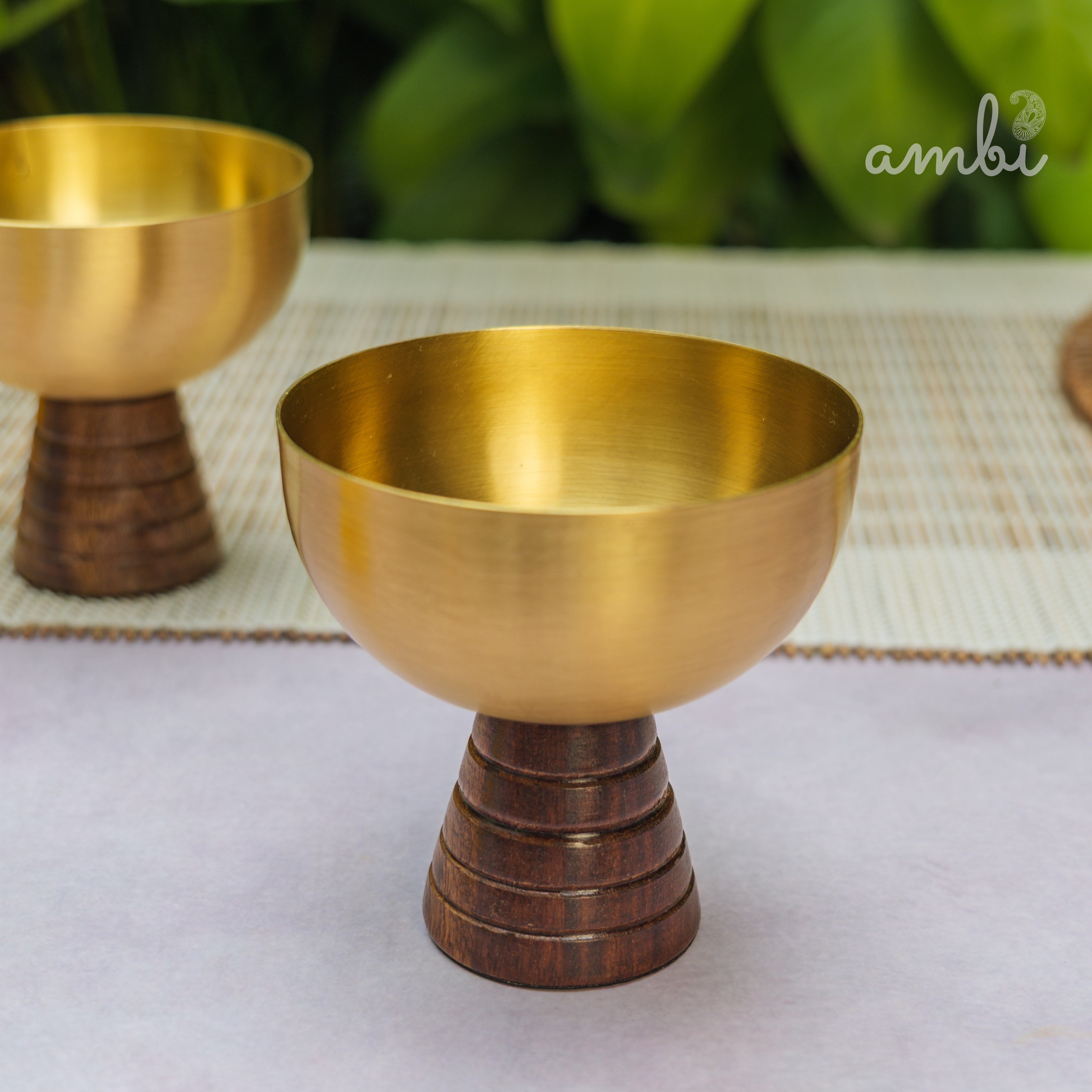 Hemispherical Brass Dessert Bowl on Modern Wooden Pedestal - Set of 2