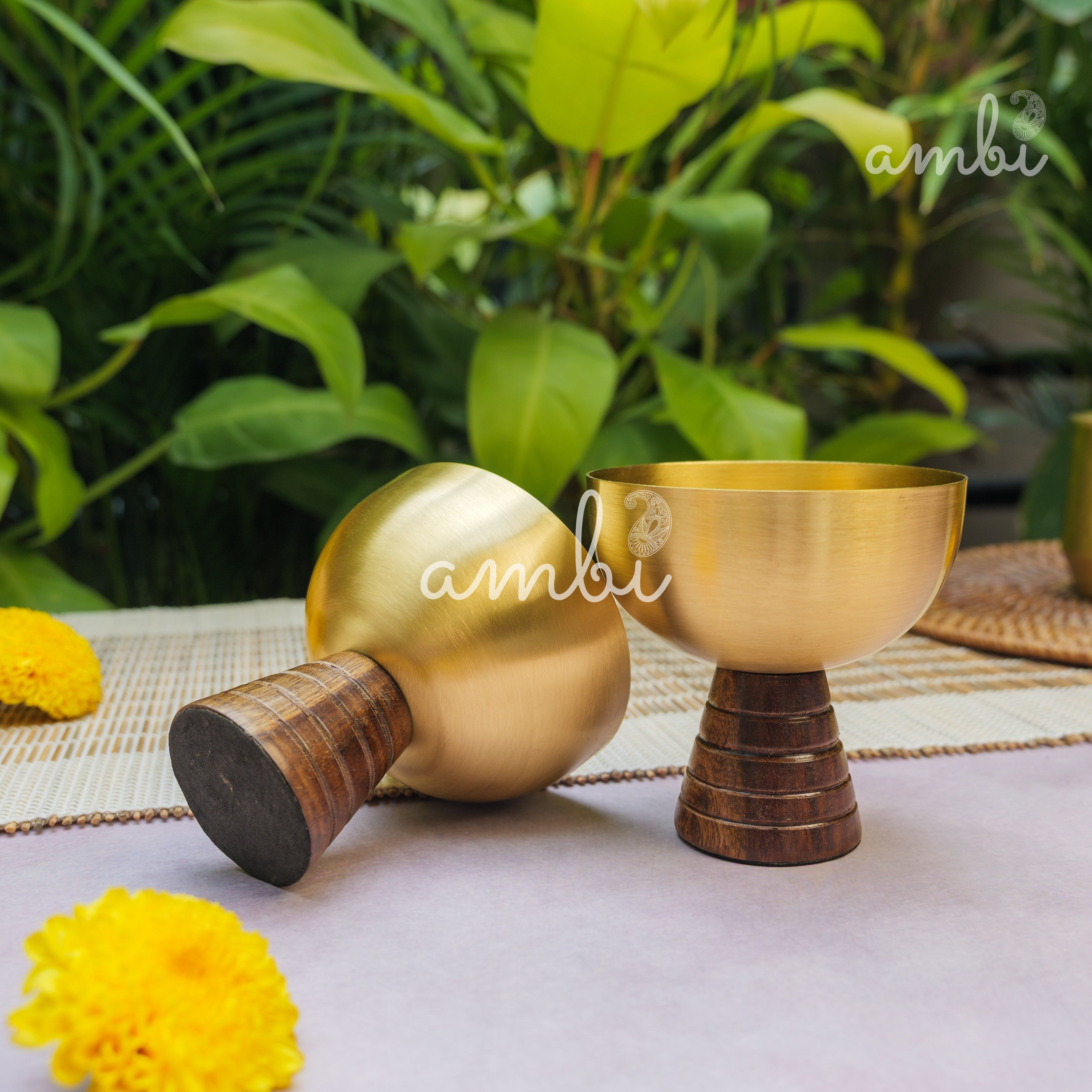 Hemispherical Brass Dessert Bowl on Modern Wooden Pedestal - Set of 2