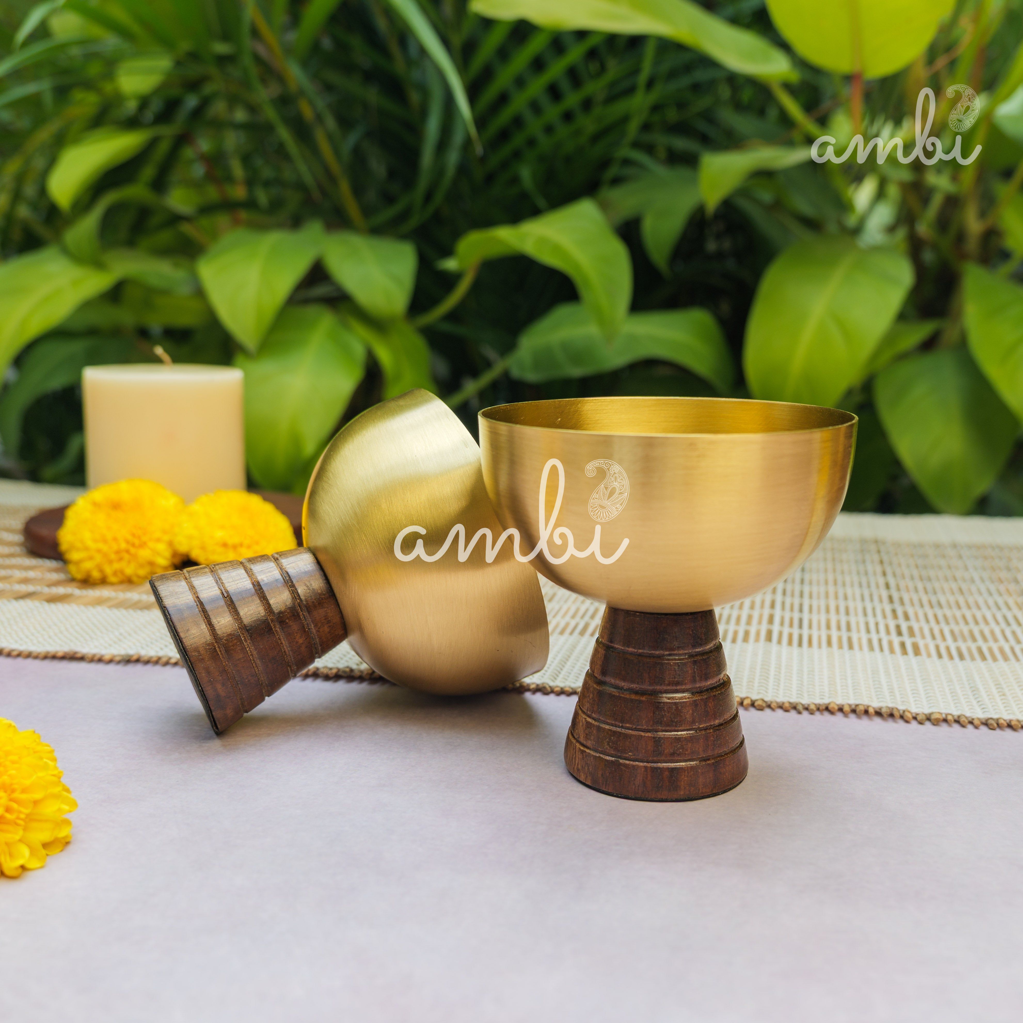 Hemispherical Brass Dessert Bowl on Modern Wooden Pedestal - Set of 2