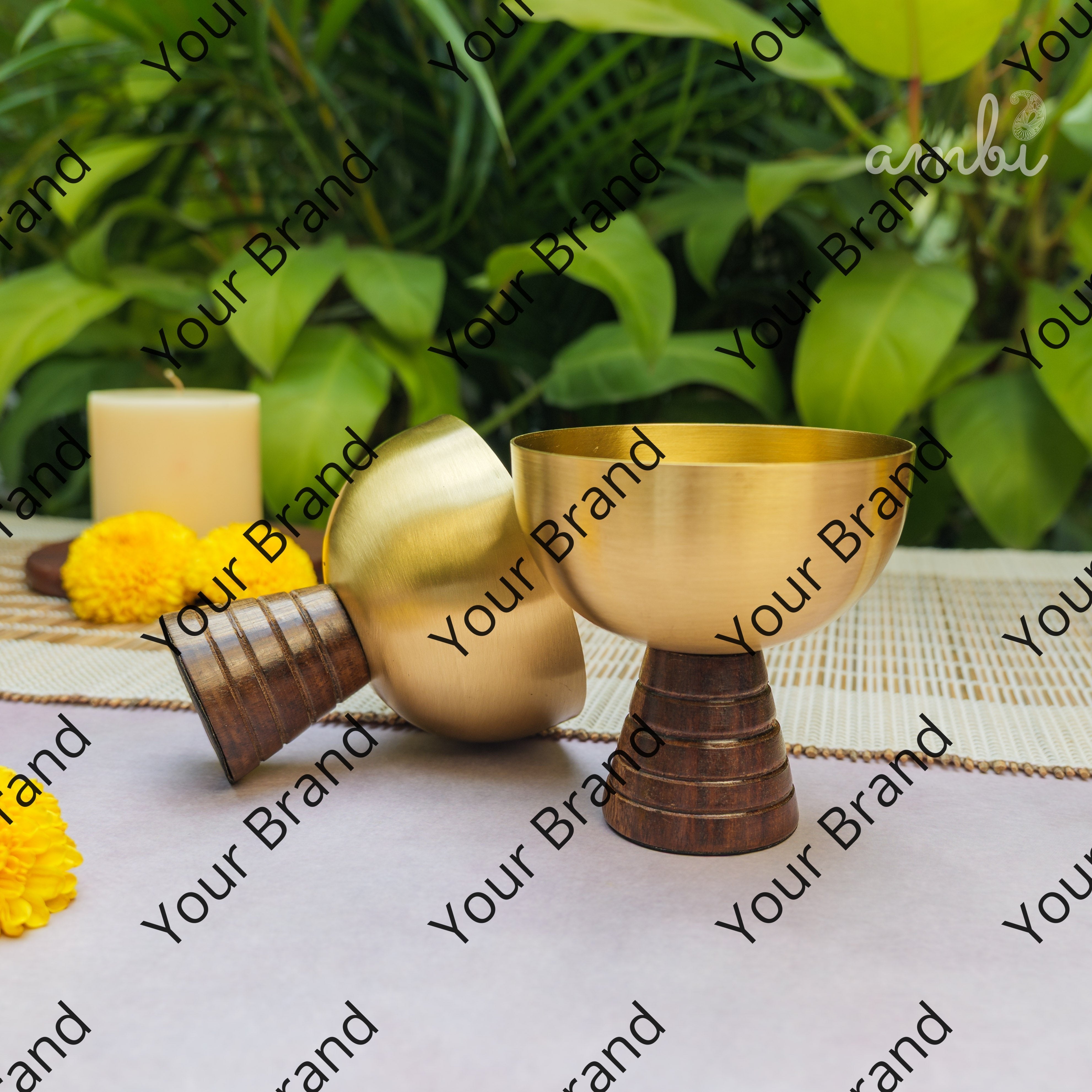 Hemispherical Brass Dessert Bowl on Modern Wooden Pedestal - Set of 2