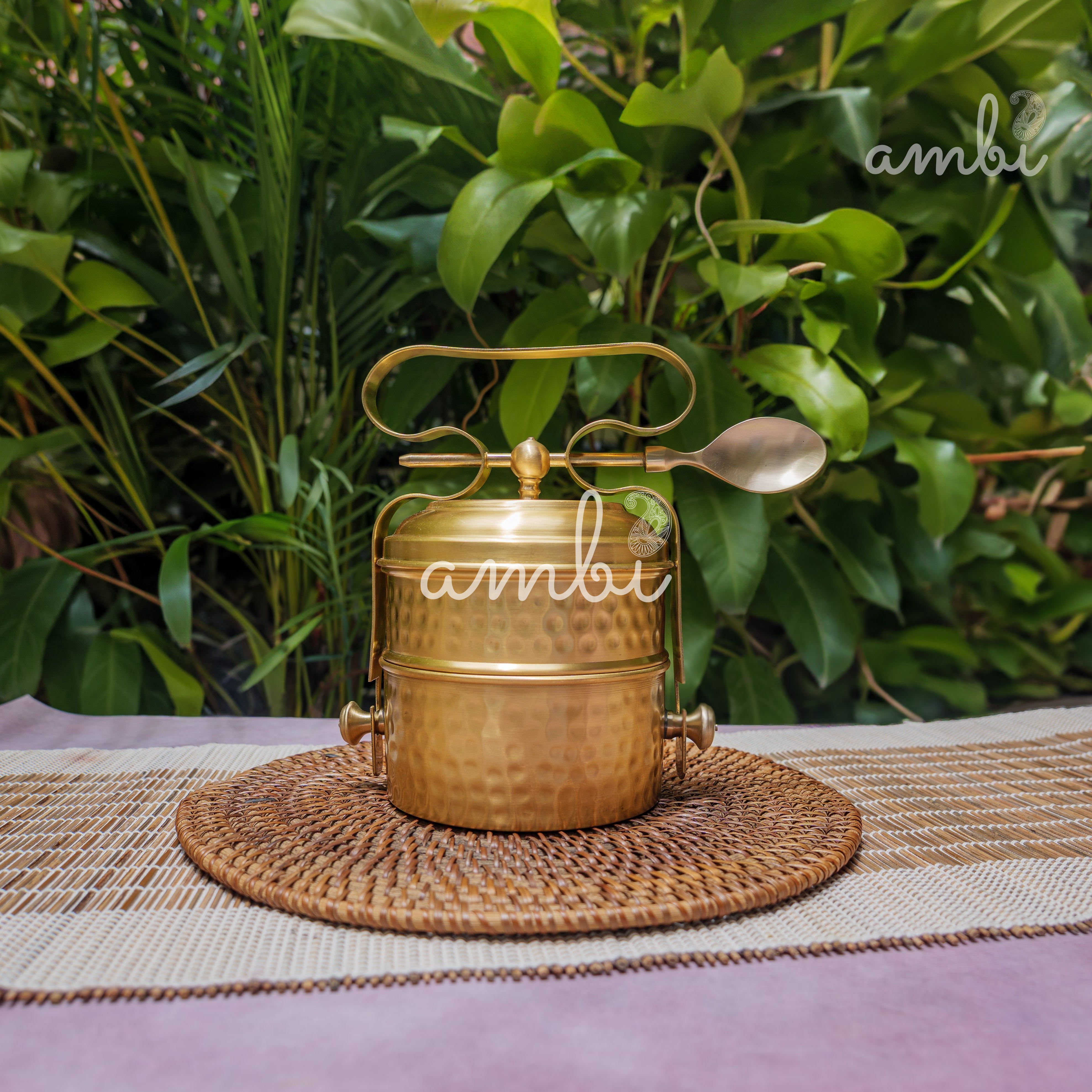 AMBI Pure Brass Hammered Two Tier Tiffin Box With Spoon
