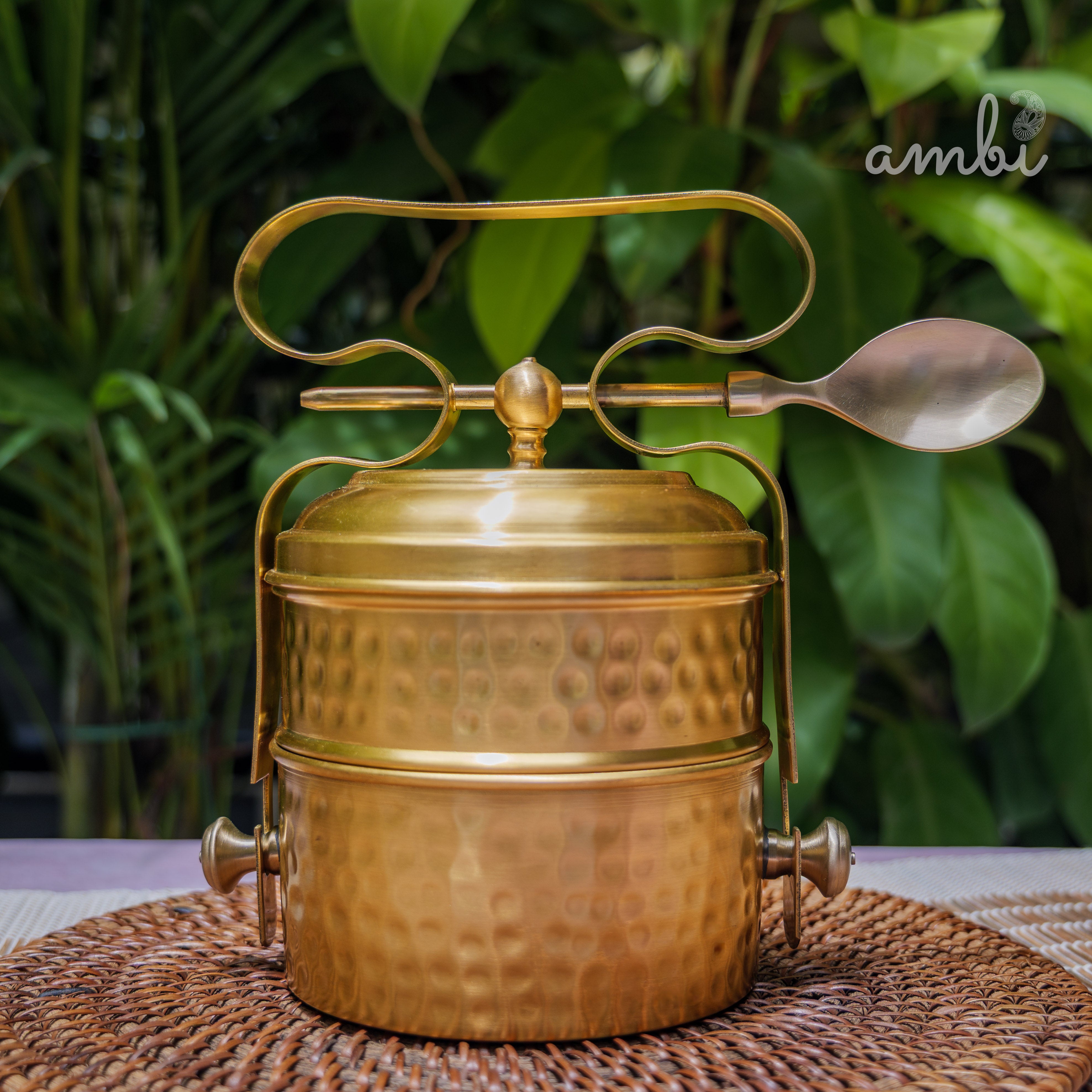AMBI Pure Brass Hammered Two Tier Tiffin Box With Spoon