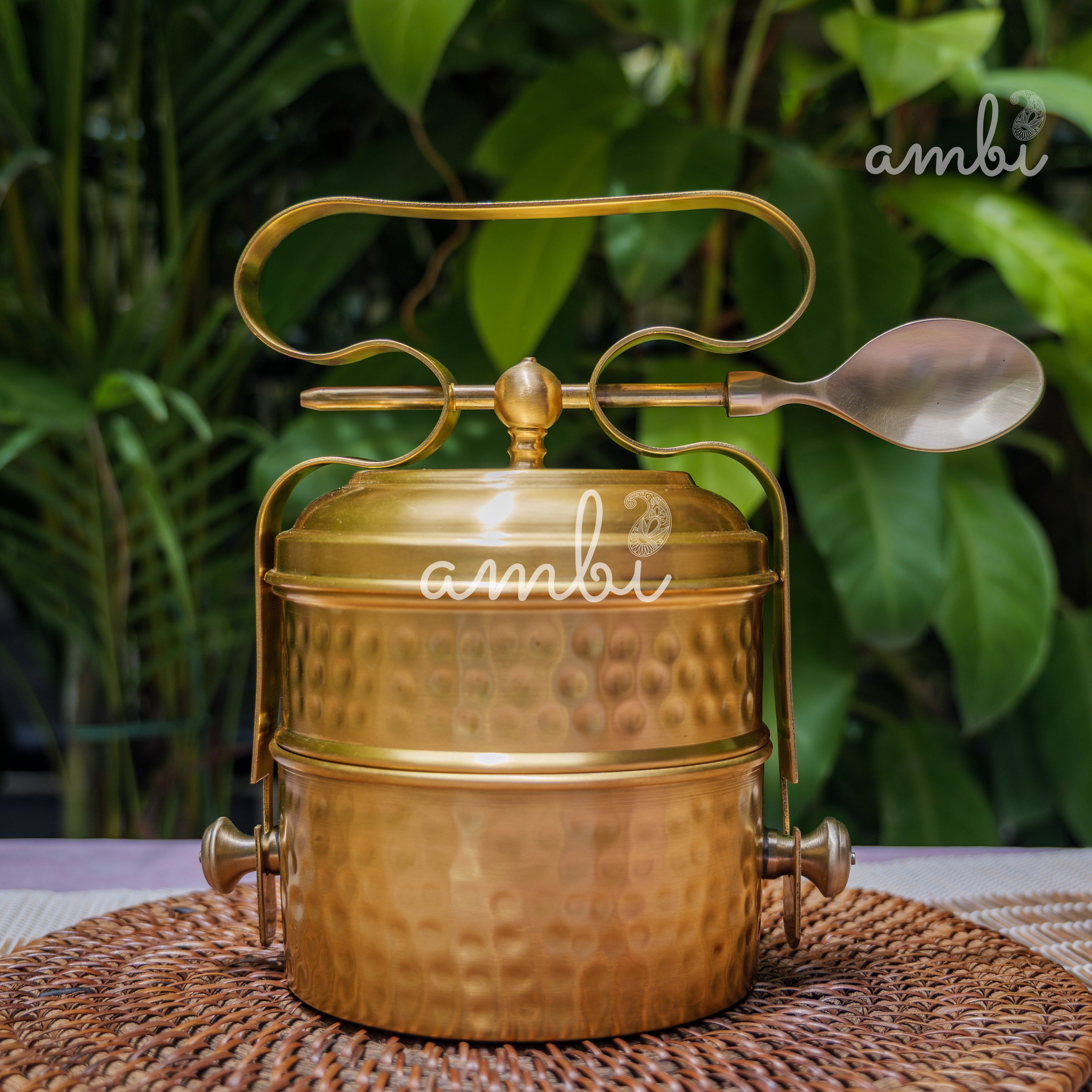 AMBI Pure Brass Hammered Two Tier Tiffin Box With Spoon