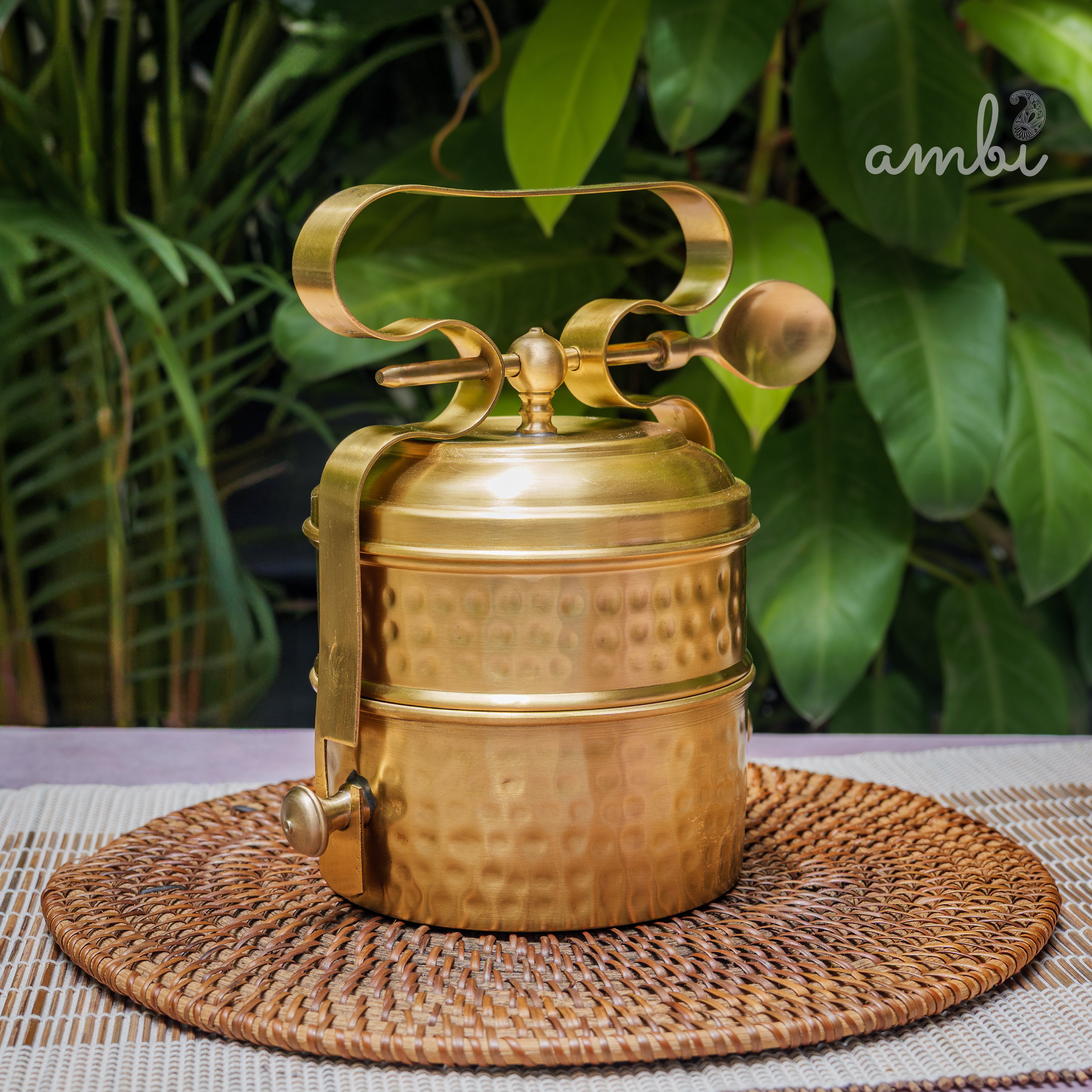 AMBI Pure Brass Hammered Two Tier Tiffin Box With Spoon