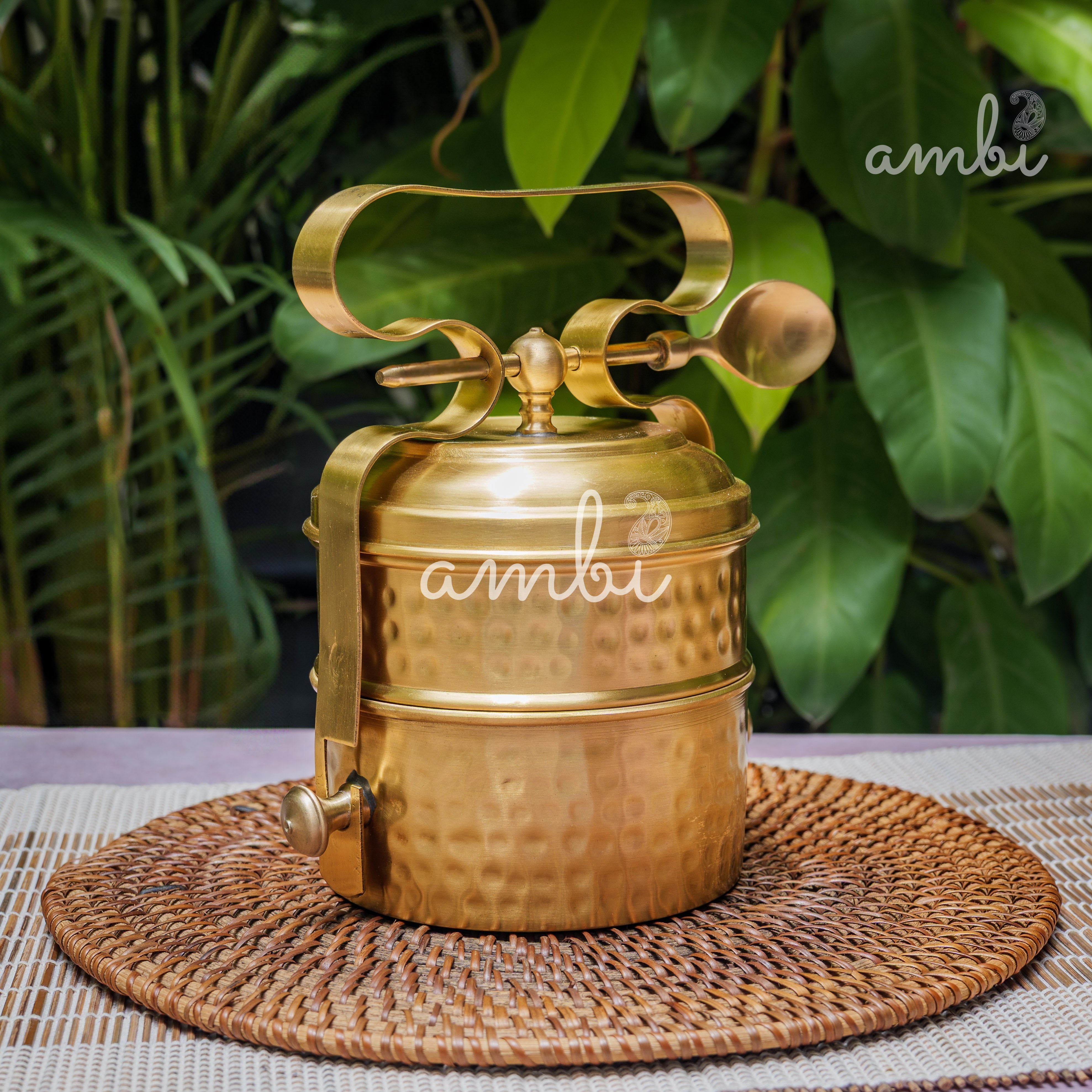 AMBI Pure Brass Hammered Two Tier Tiffin Box With Spoon
