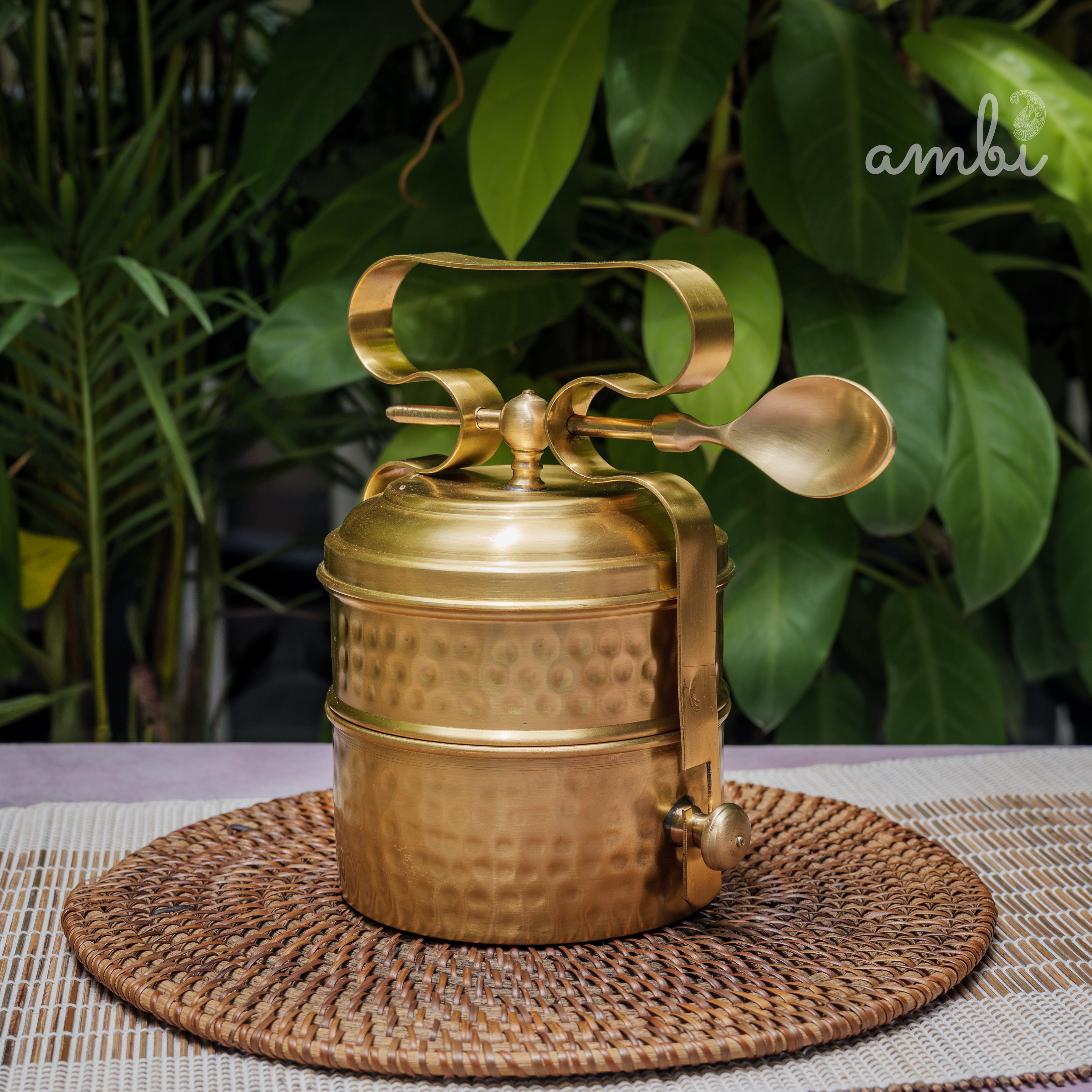 AMBI Pure Brass Hammered Two Tier Tiffin Box With Spoon