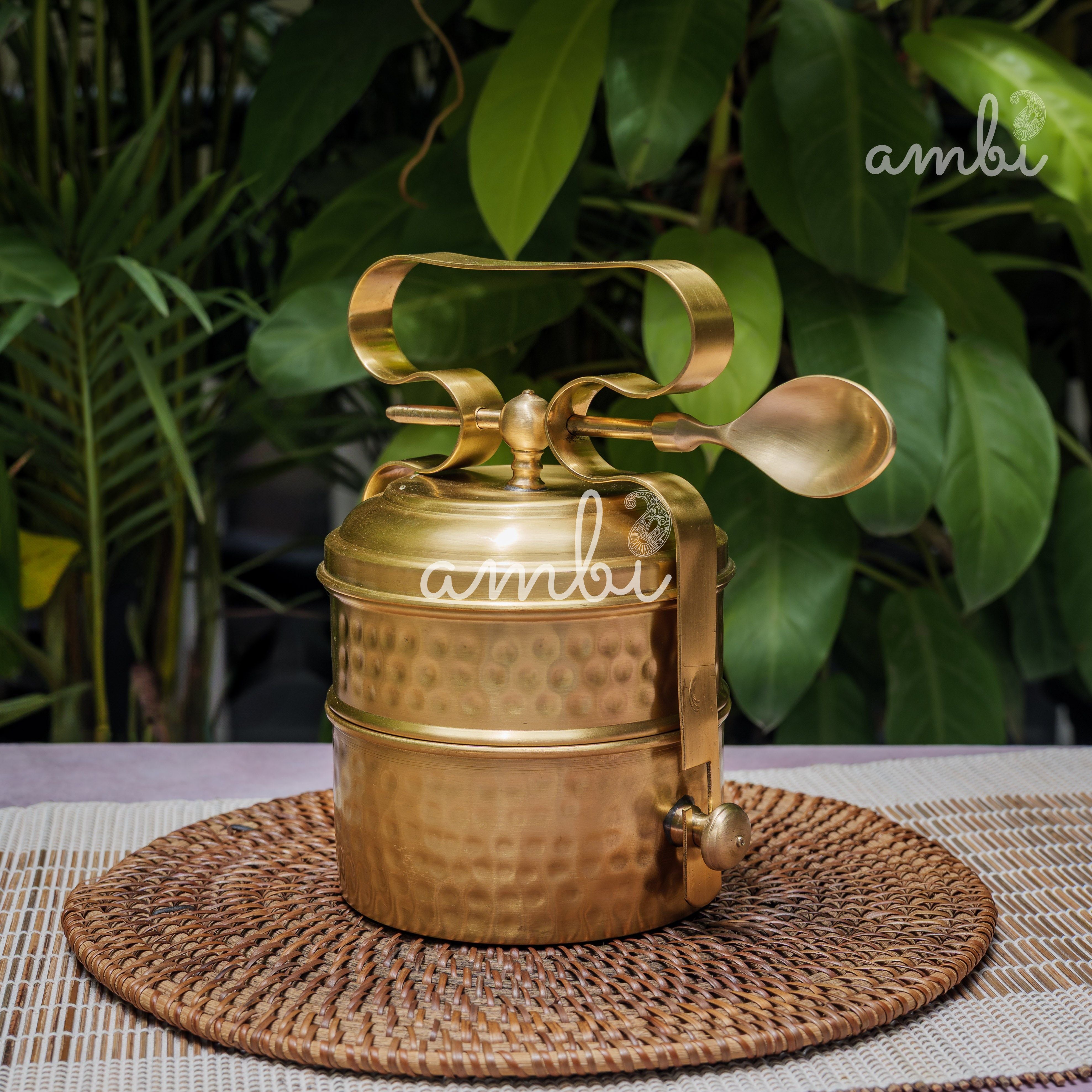 AMBI Pure Brass Hammered Two Tier Tiffin Box With Spoon