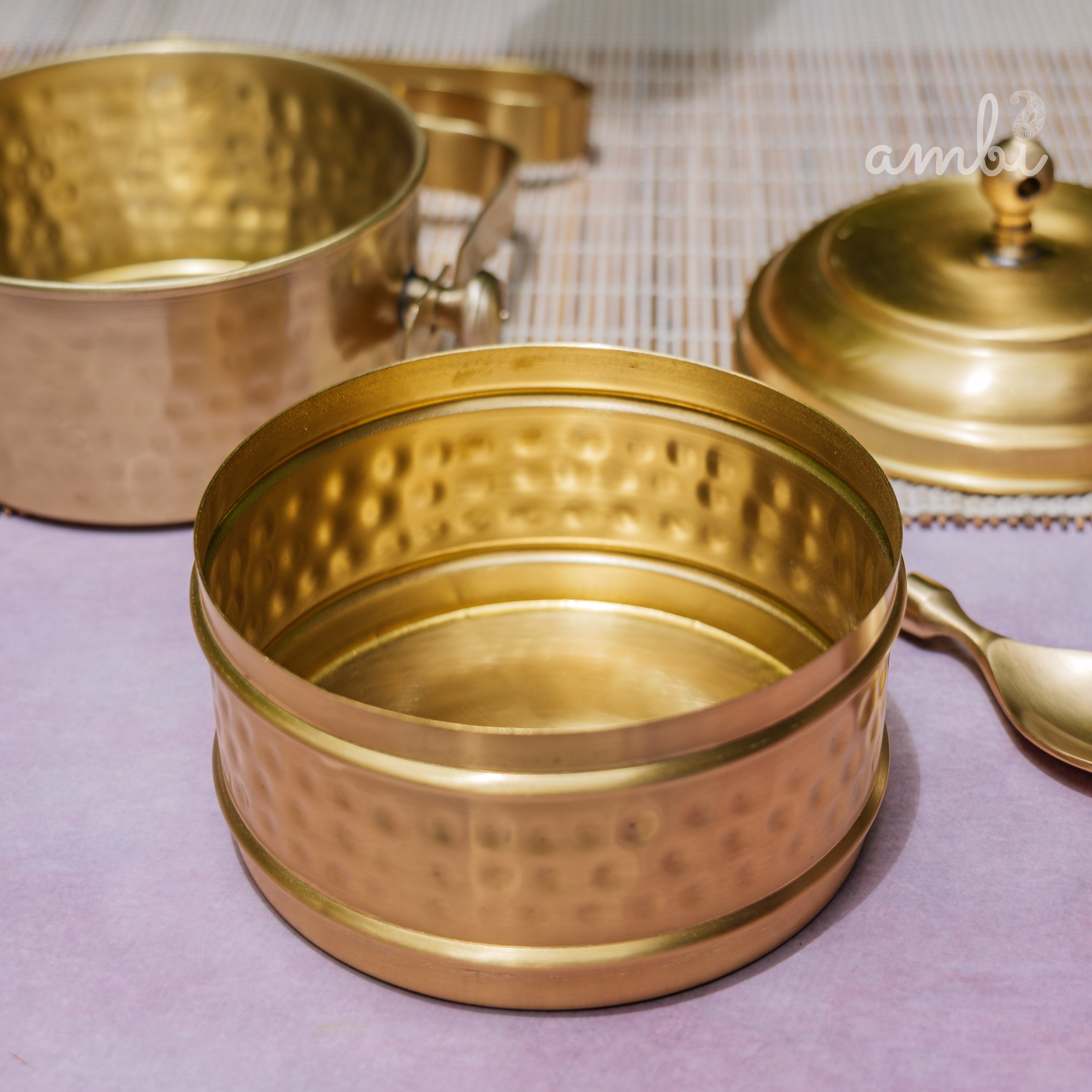 AMBI Pure Brass Hammered Two Tier Tiffin Box With Spoon