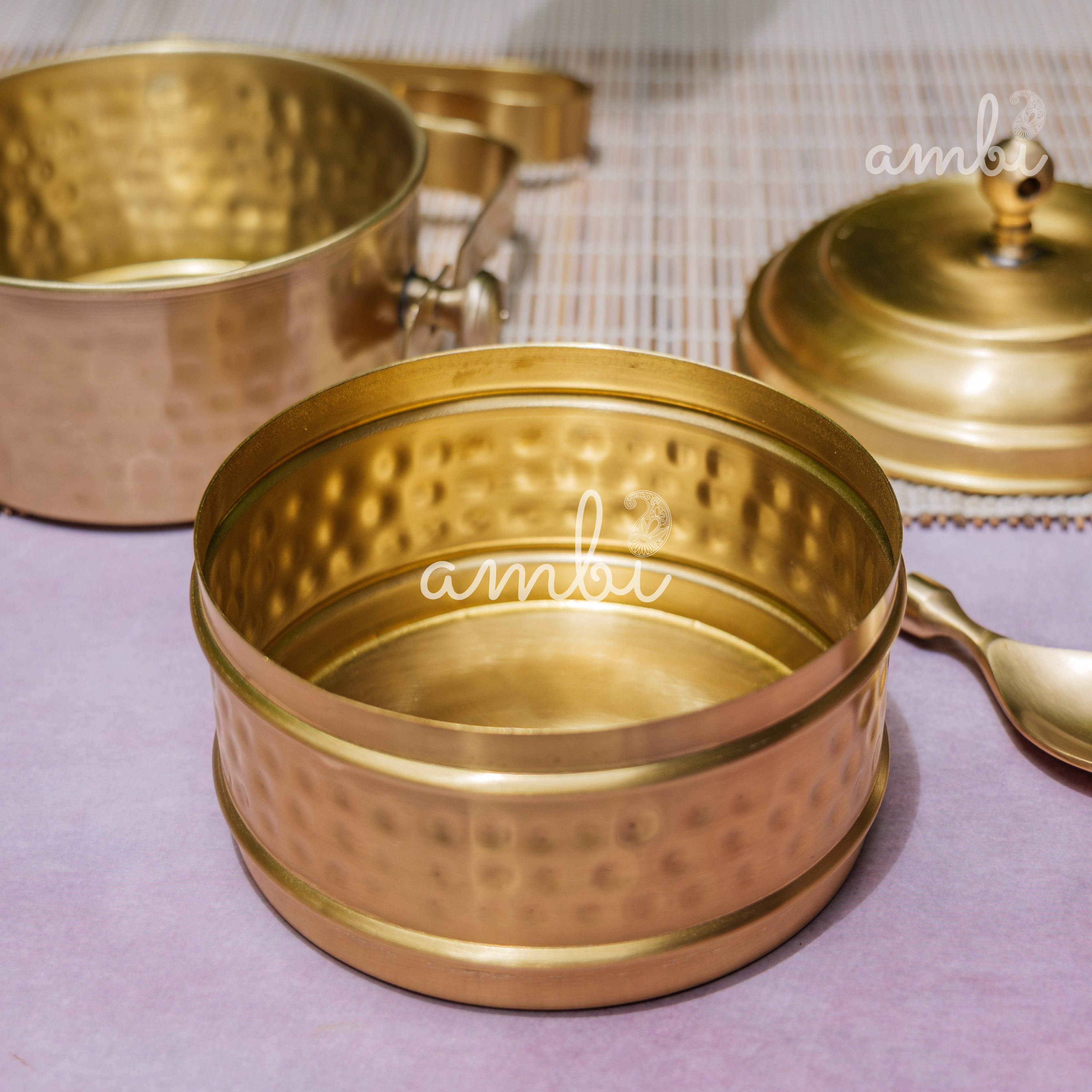 AMBI Pure Brass Hammered Two Tier Tiffin Box With Spoon