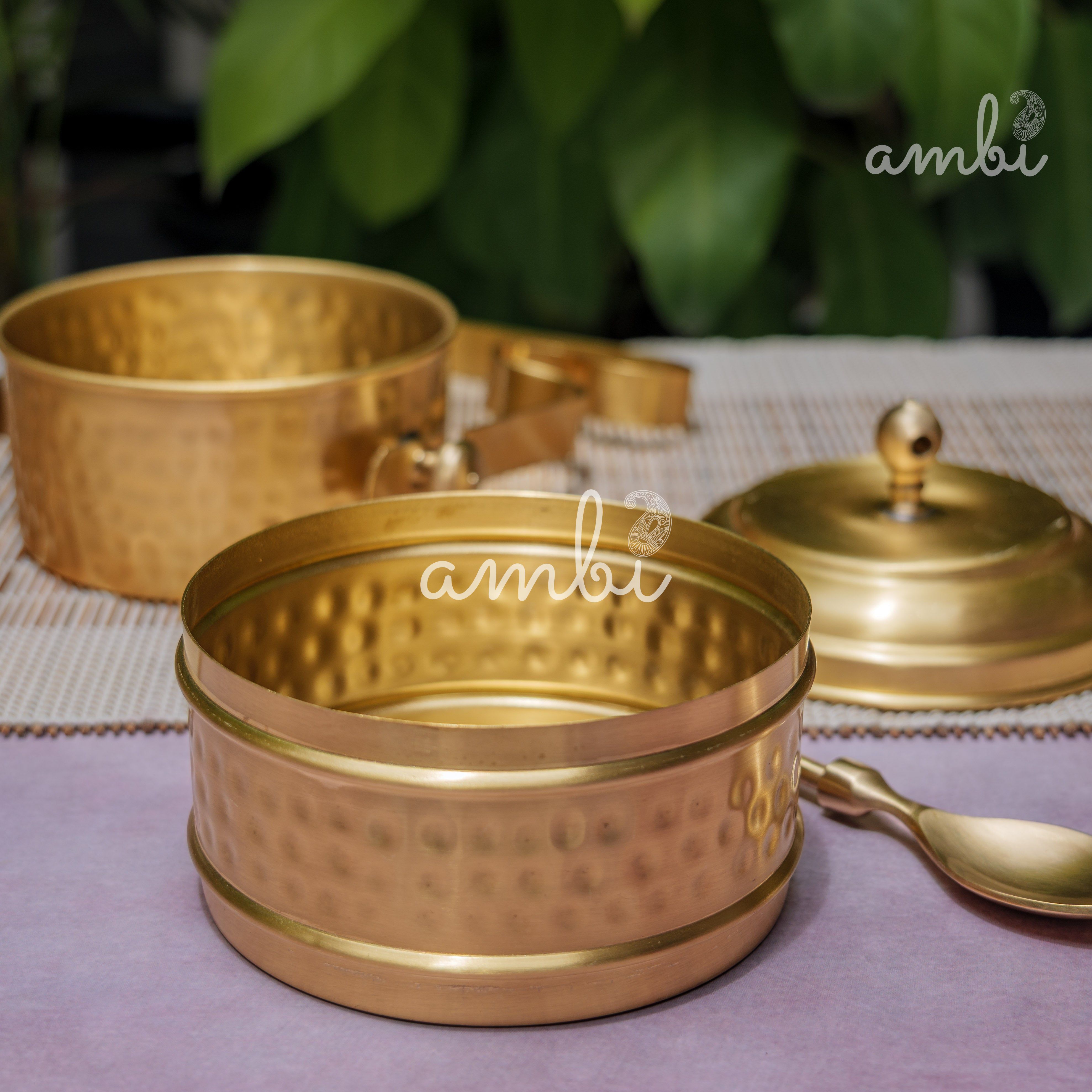 AMBI Pure Brass Hammered Two Tier Tiffin Box With Spoon