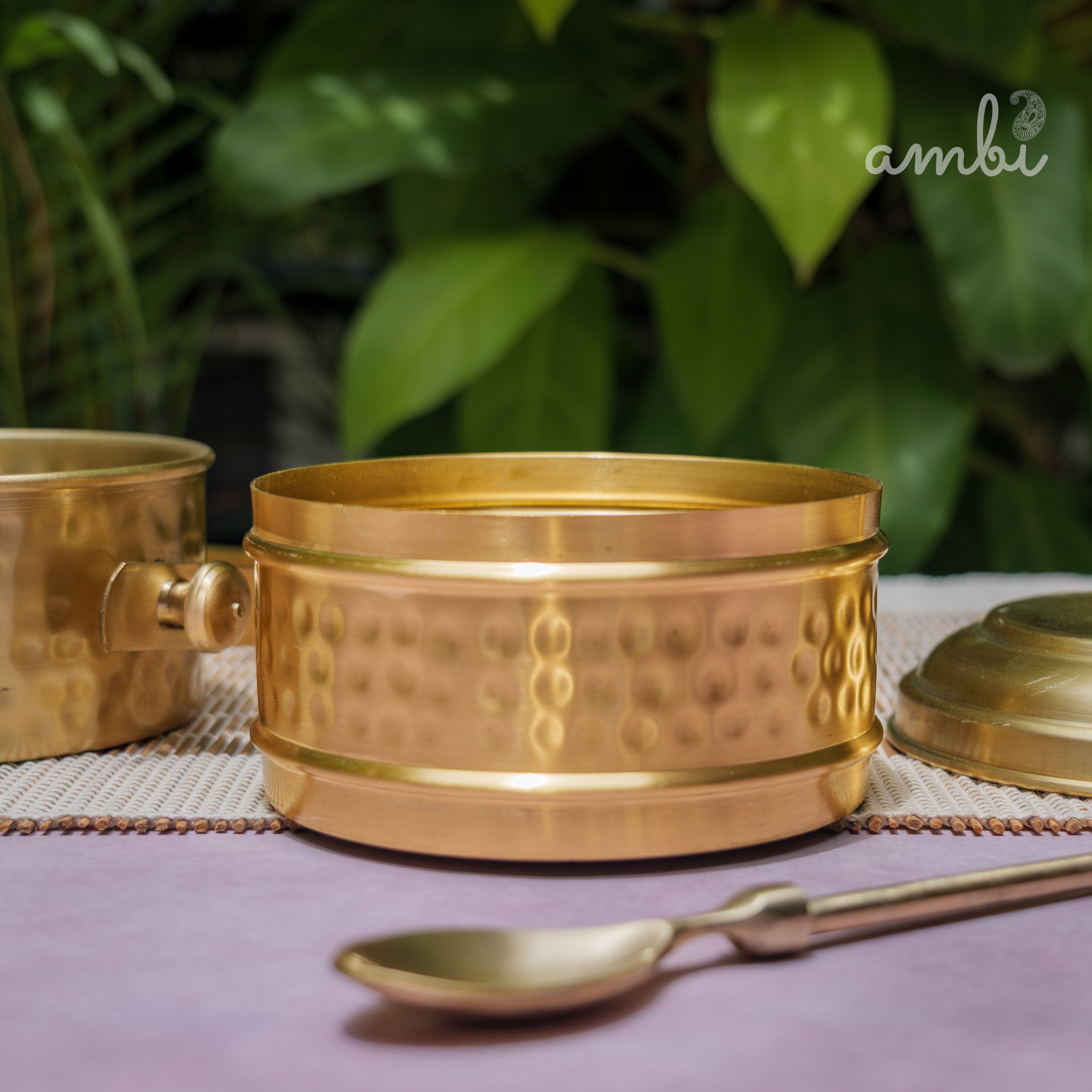 AMBI Pure Brass Hammered Two Tier Tiffin Box With Spoon