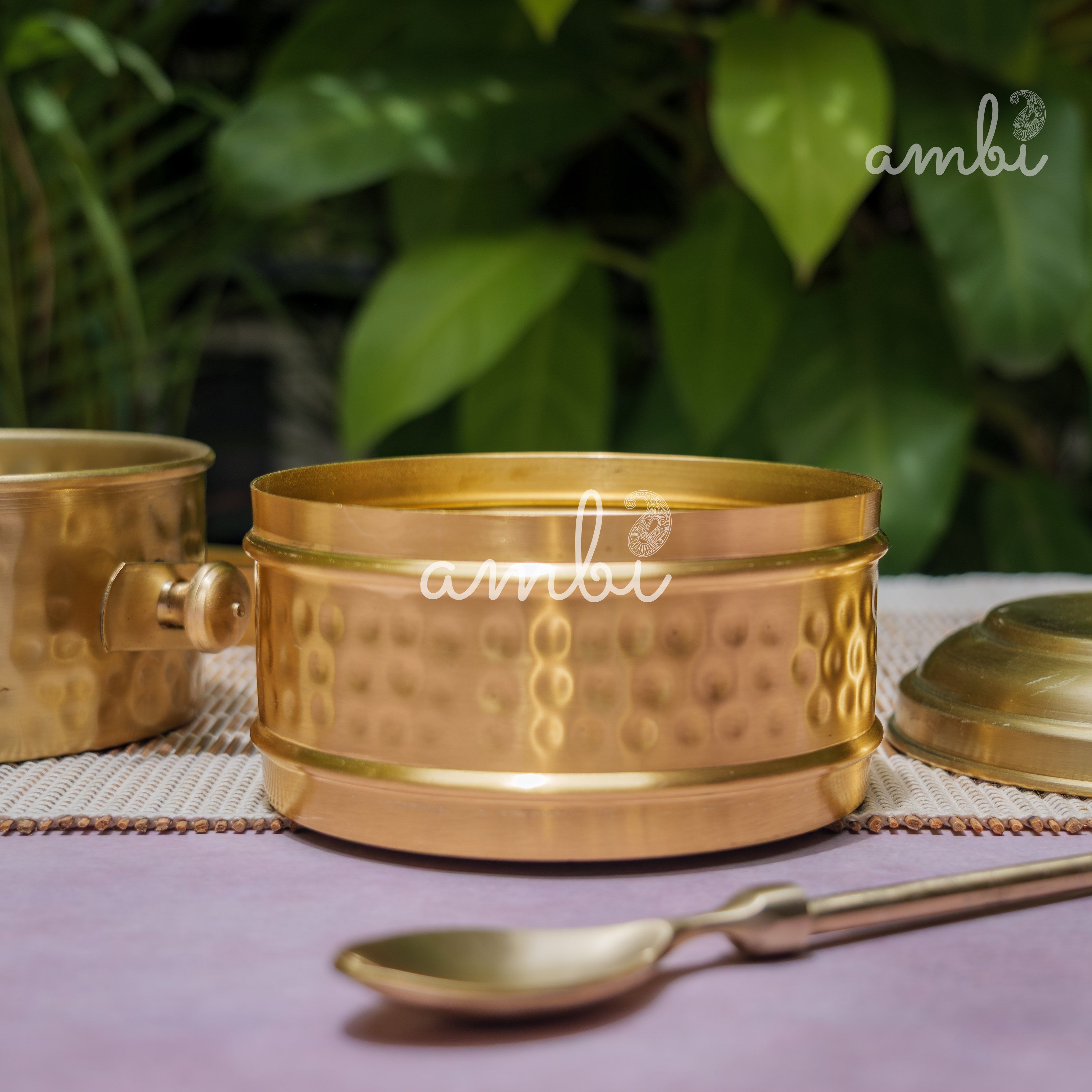 AMBI Pure Brass Hammered Two Tier Tiffin Box With Spoon