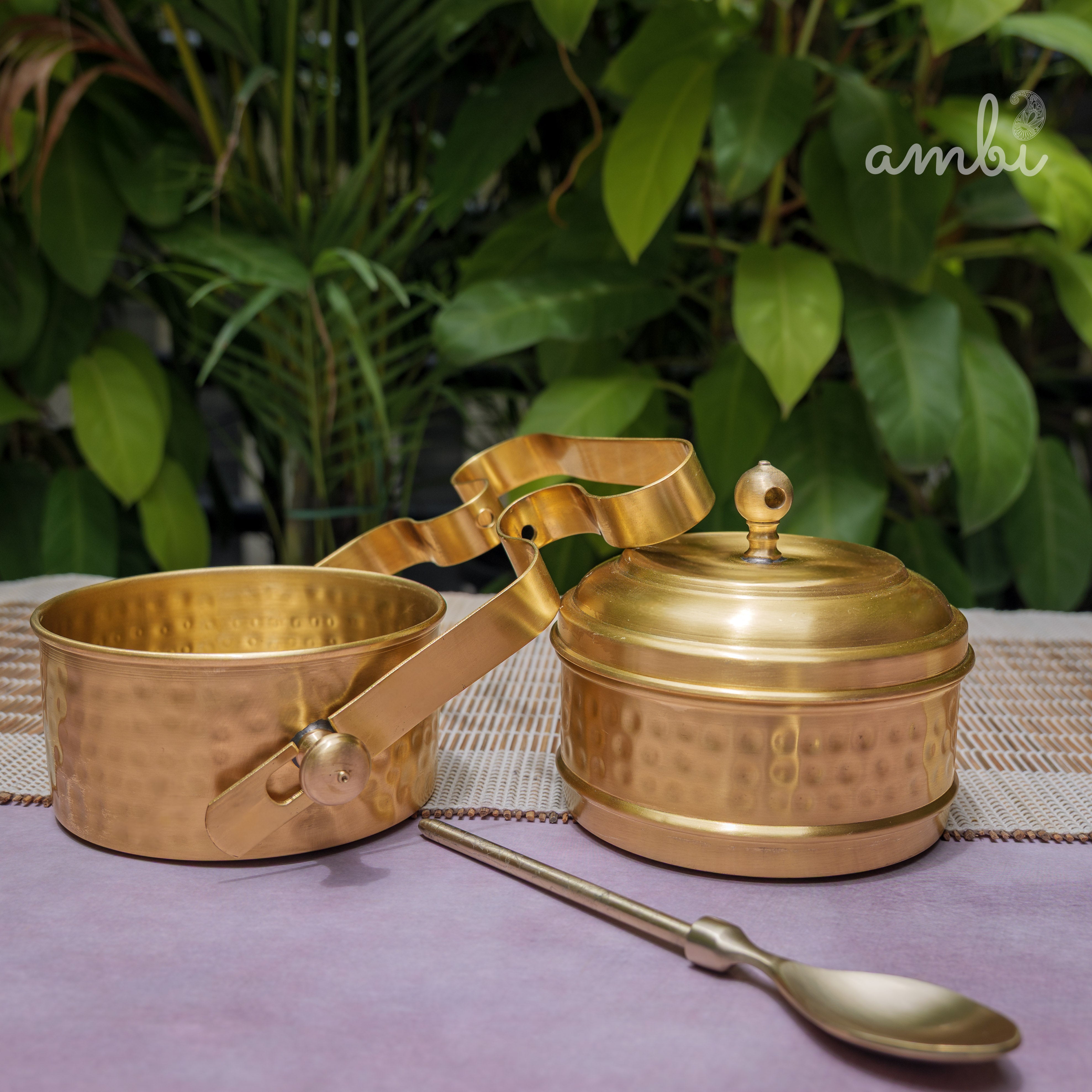 AMBI Pure Brass Hammered Two Tier Tiffin Box With Spoon