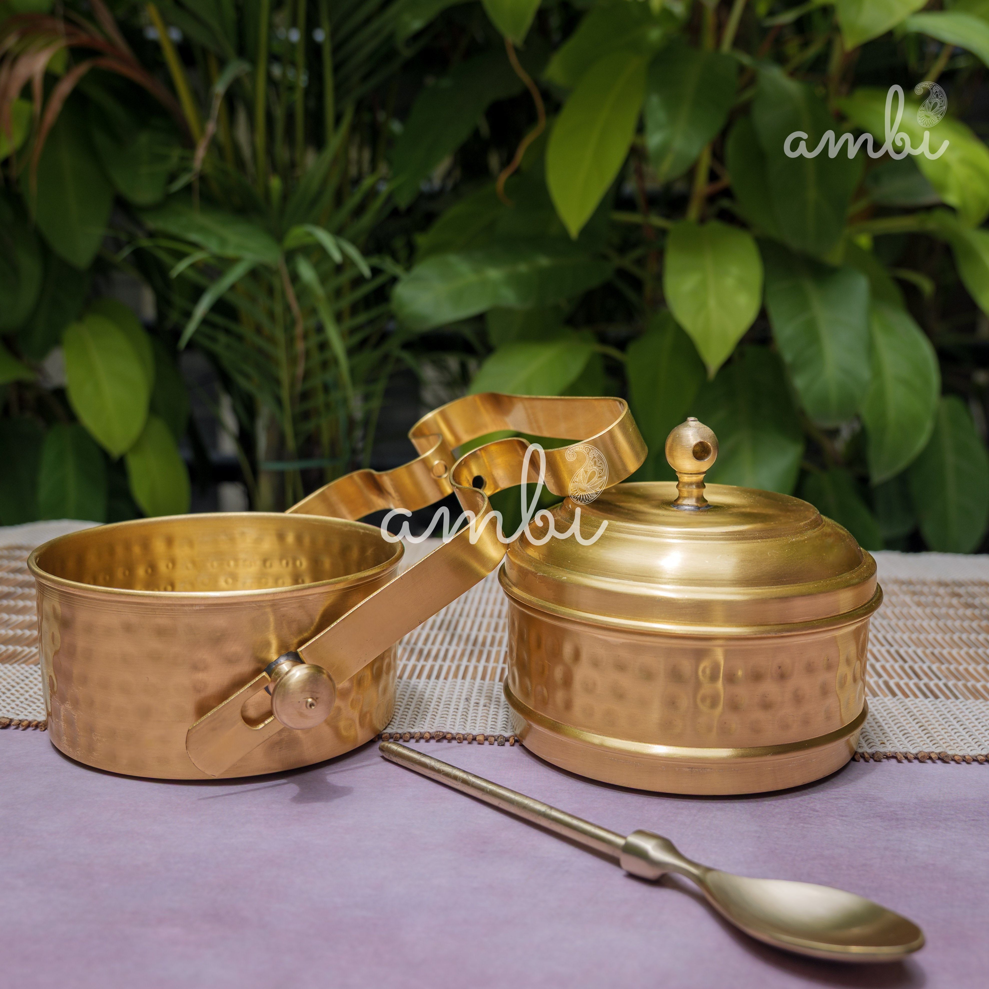 AMBI Pure Brass Hammered Two Tier Tiffin Box With Spoon