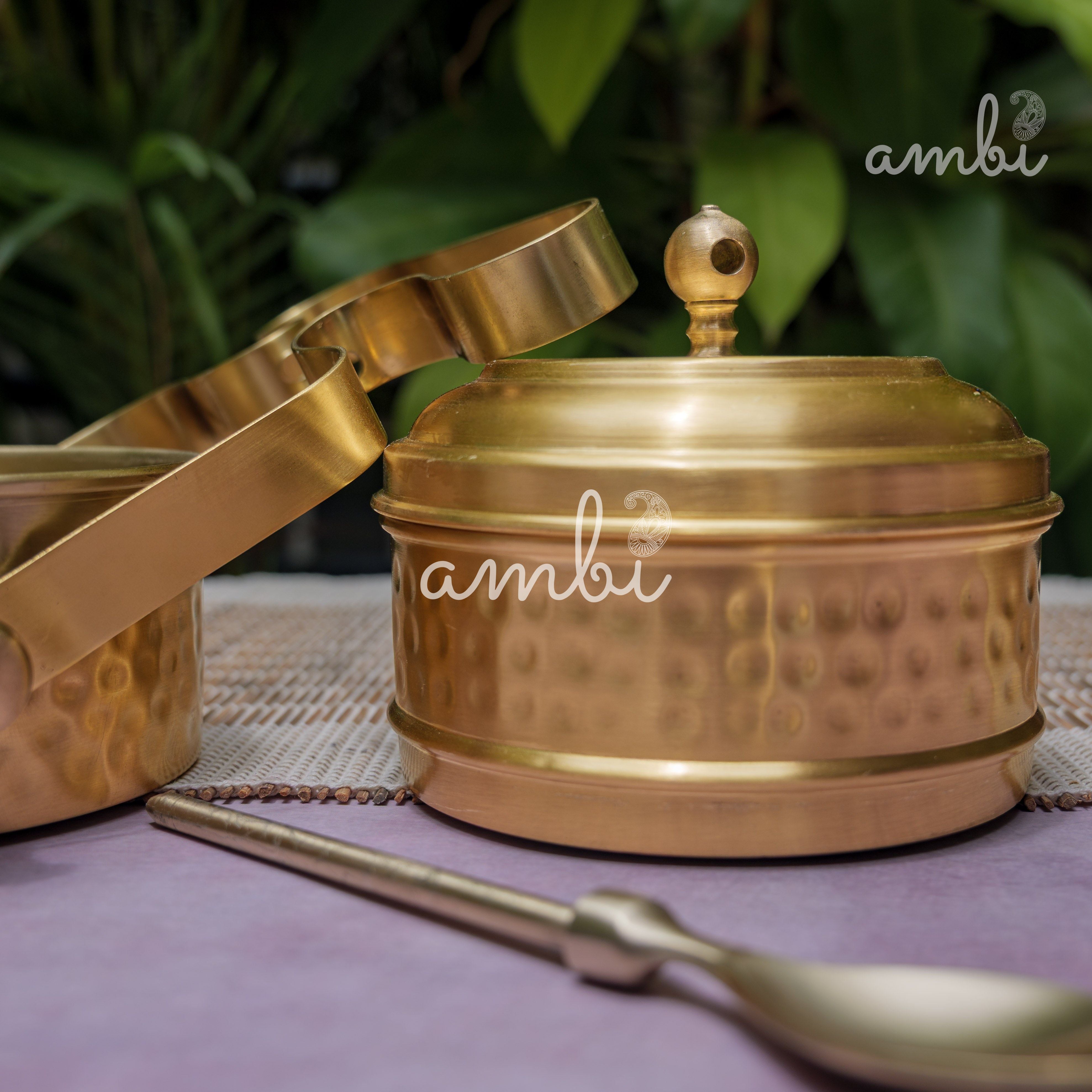 AMBI Pure Brass Hammered Two Tier Tiffin Box With Spoon