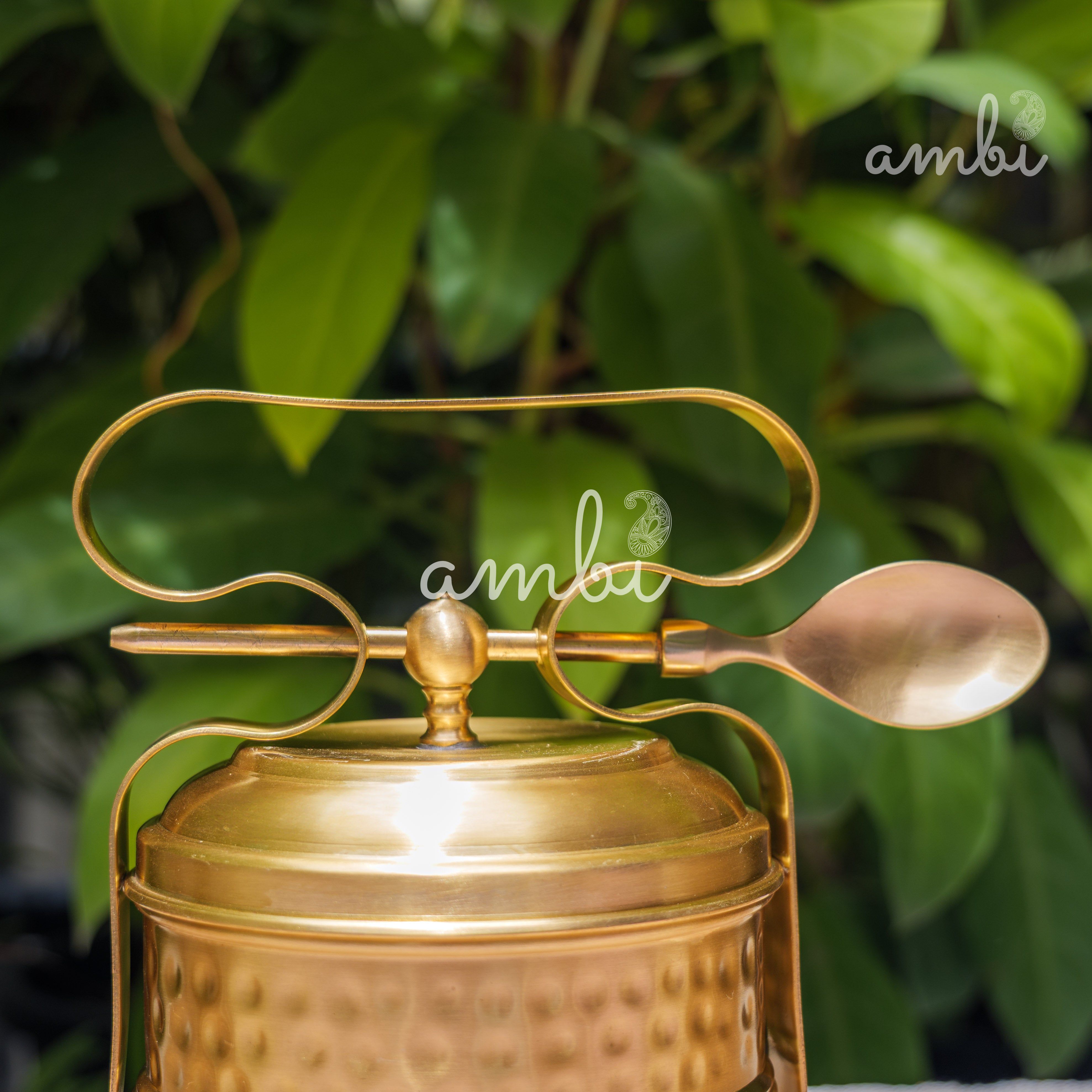 AMBI Pure Brass Hammered Two Tier Tiffin Box With Spoon