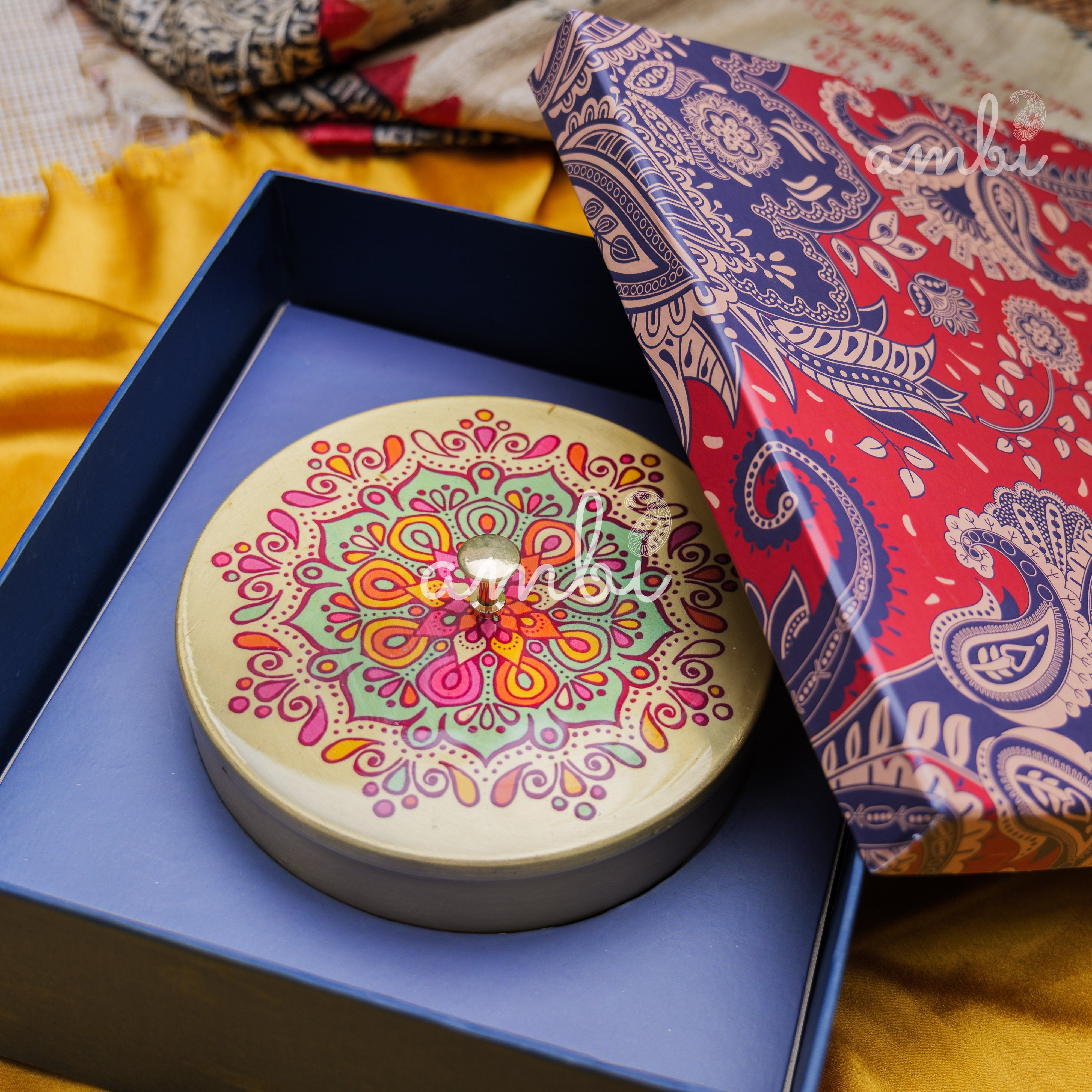 Ambi Gift of Sweetness : 1 Pure Brass Floral Hand-Painted Finish Box - 6.5 Inch