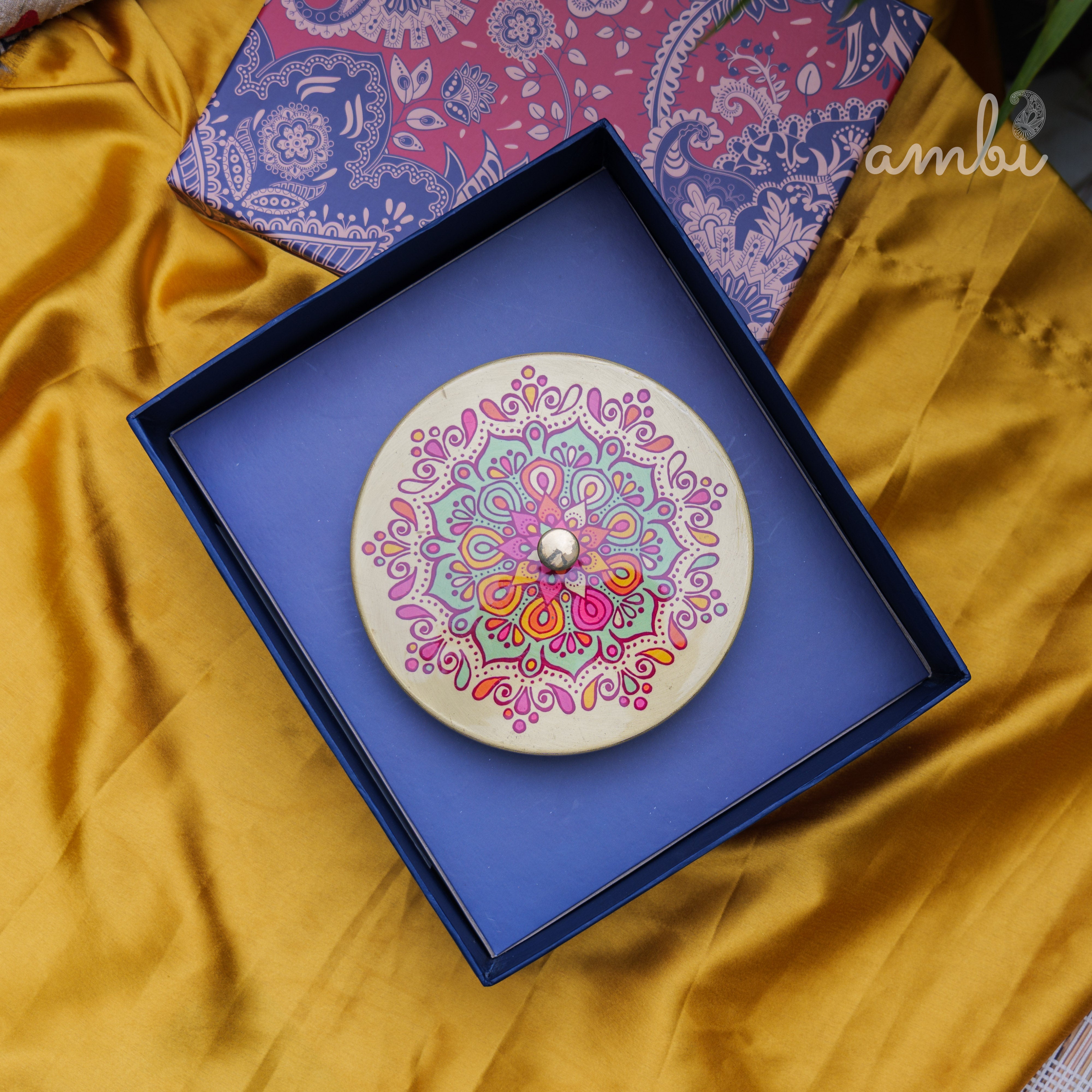 Ambi Gift of Sweetness : 1 Pure Brass Floral Hand-Painted Finish Box - 6.5 Inch