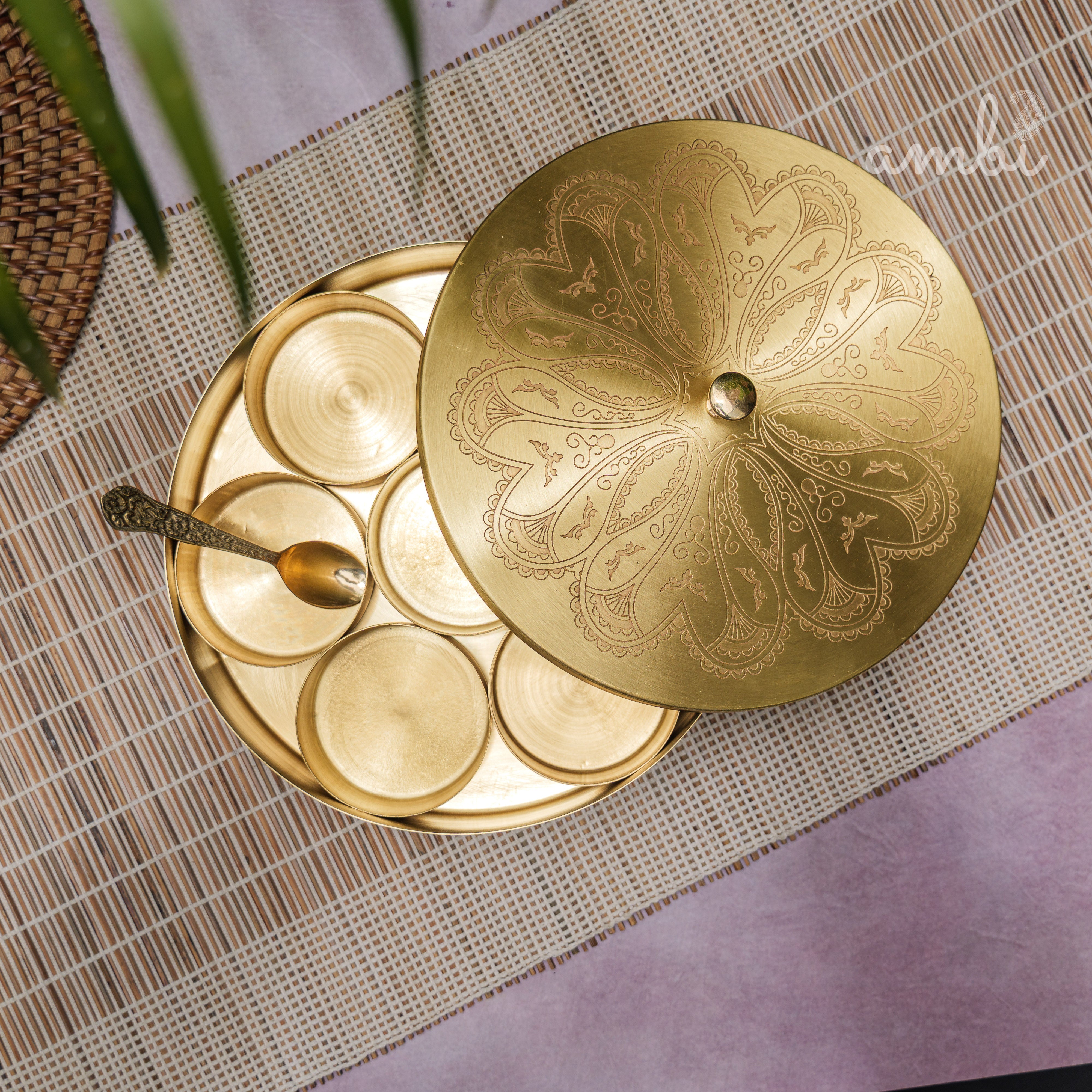Ambi Pure Brass Finely Etched Spice Chest Masala Daani - Heavy Make