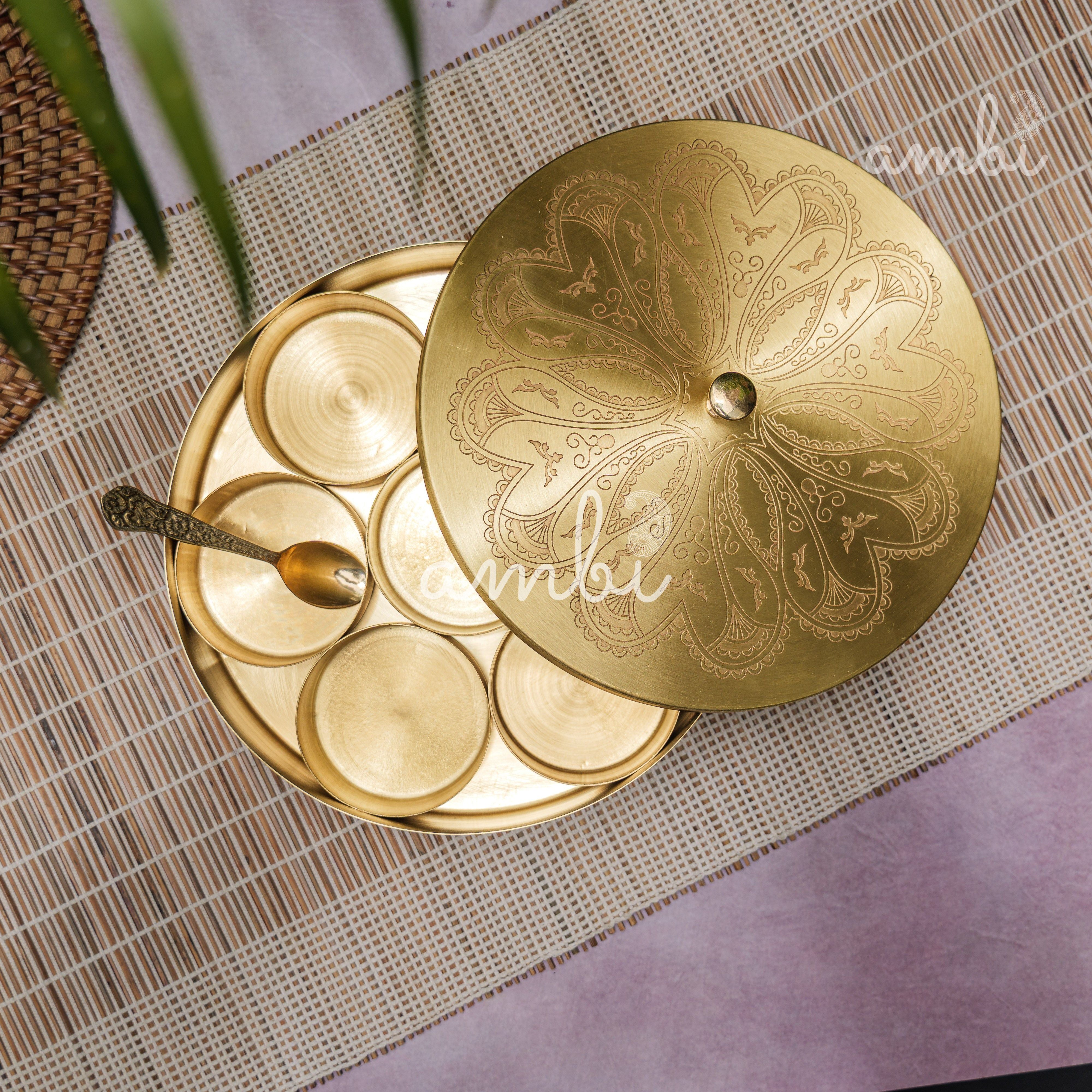 Ambi Pure Brass Finely Etched Spice Chest Masala Daani - Heavy Make