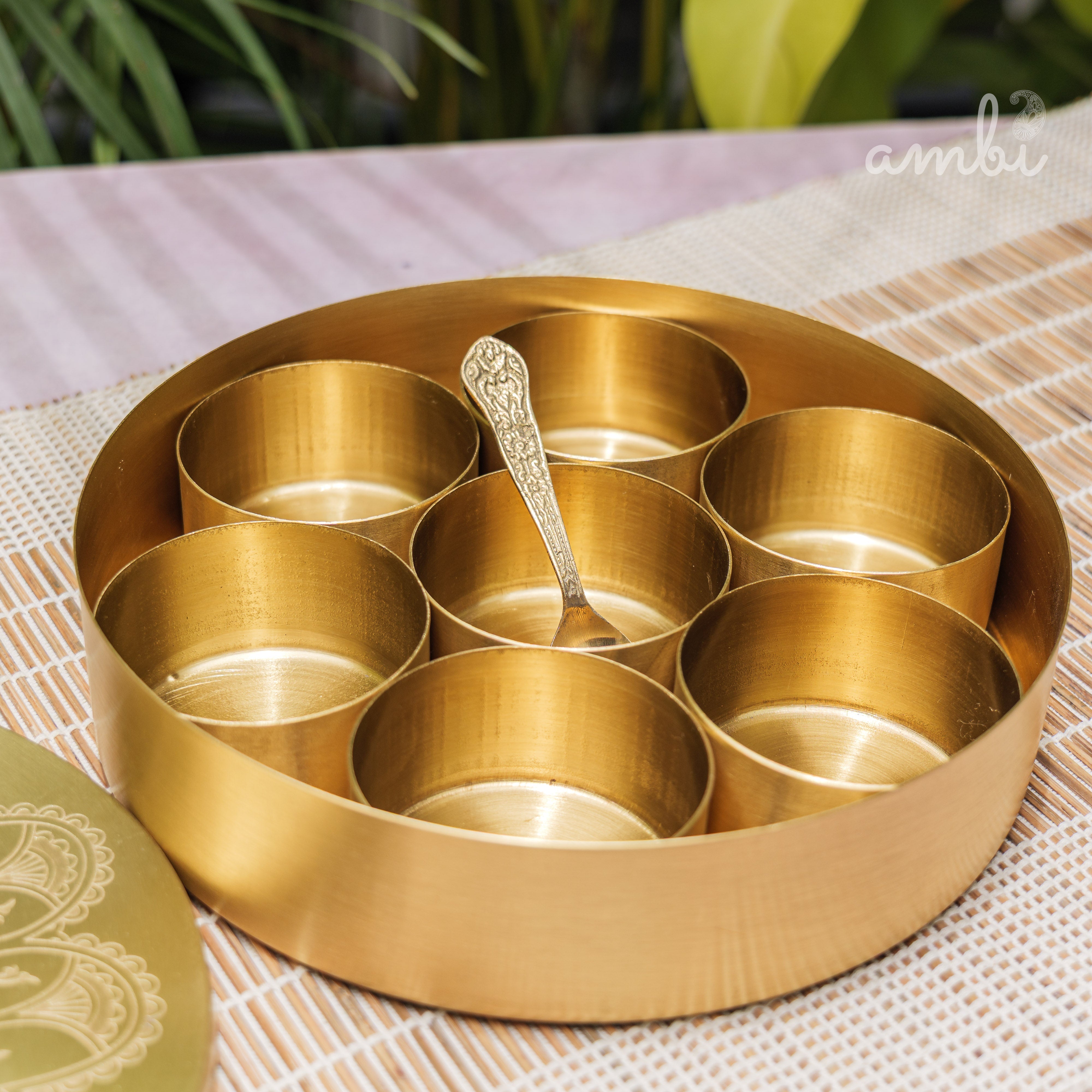 Ambi Pure Brass Finely Etched Spice Chest Masala Daani - Heavy Make