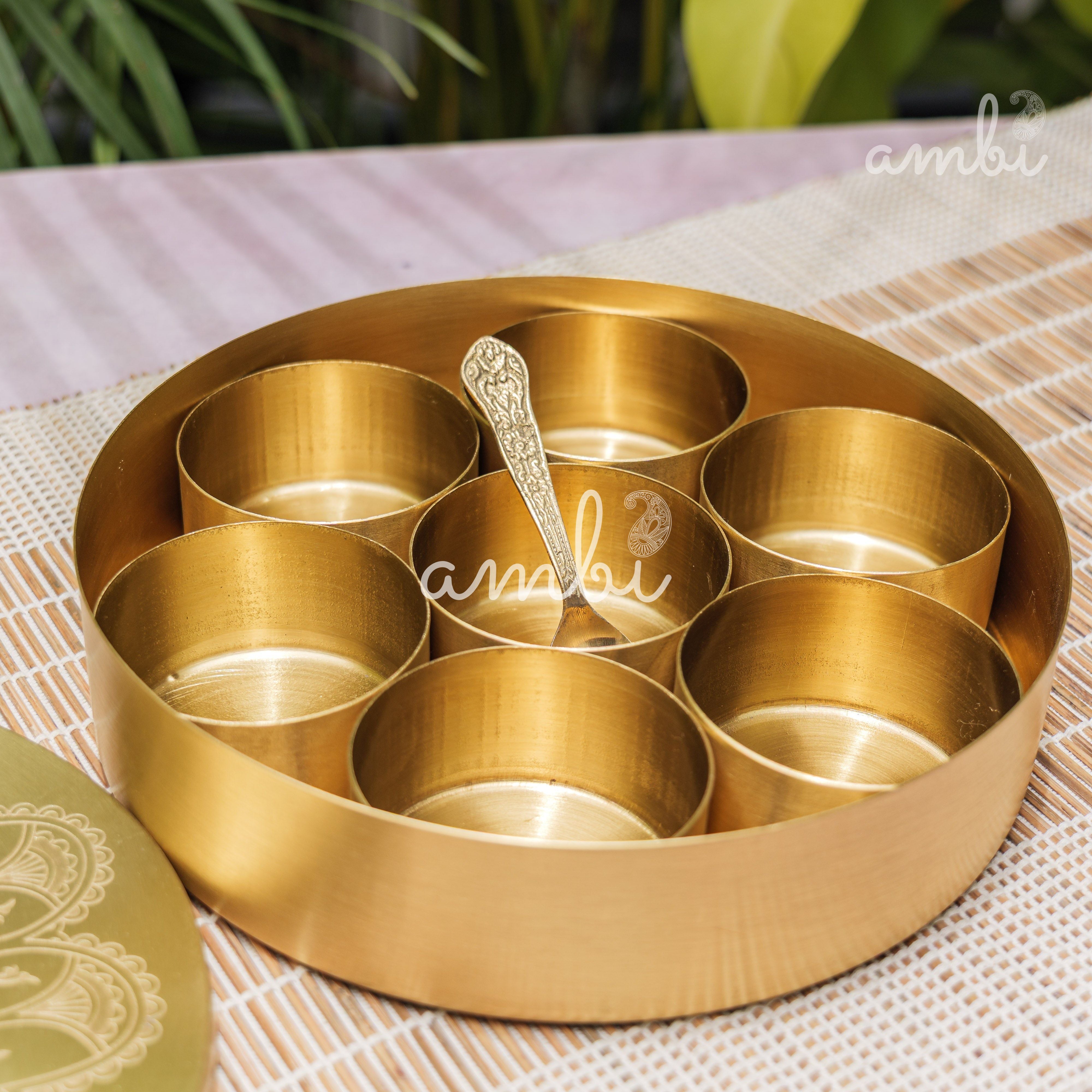 Ambi Pure Brass Finely Etched Spice Chest Masala Daani - Heavy Make