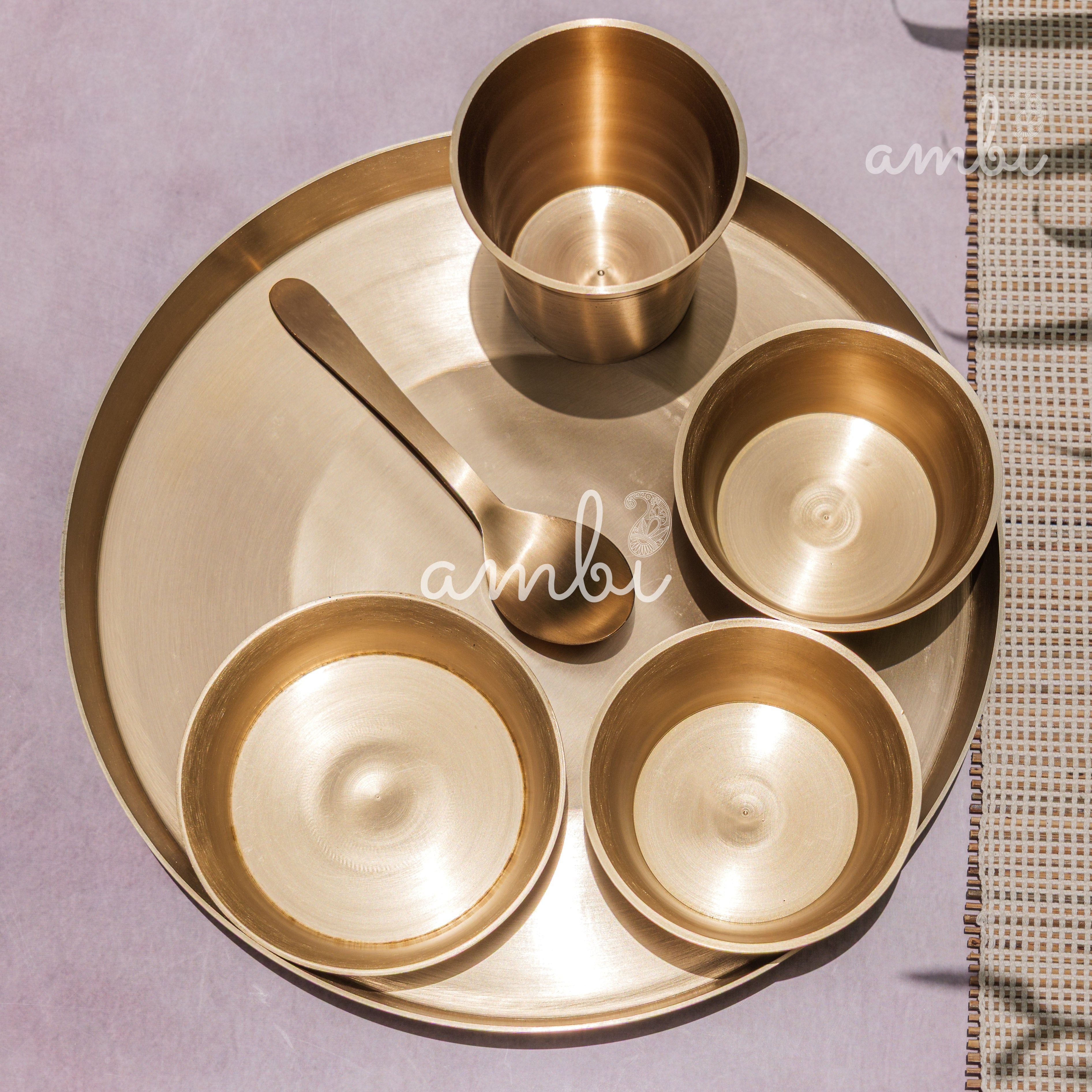 Ambi Pure 100% Lead Free Kansa Ethnic 'Fluid Grace' Thali Set of 6 Pieces - Heavy Make, Stackable Space-Saving Design