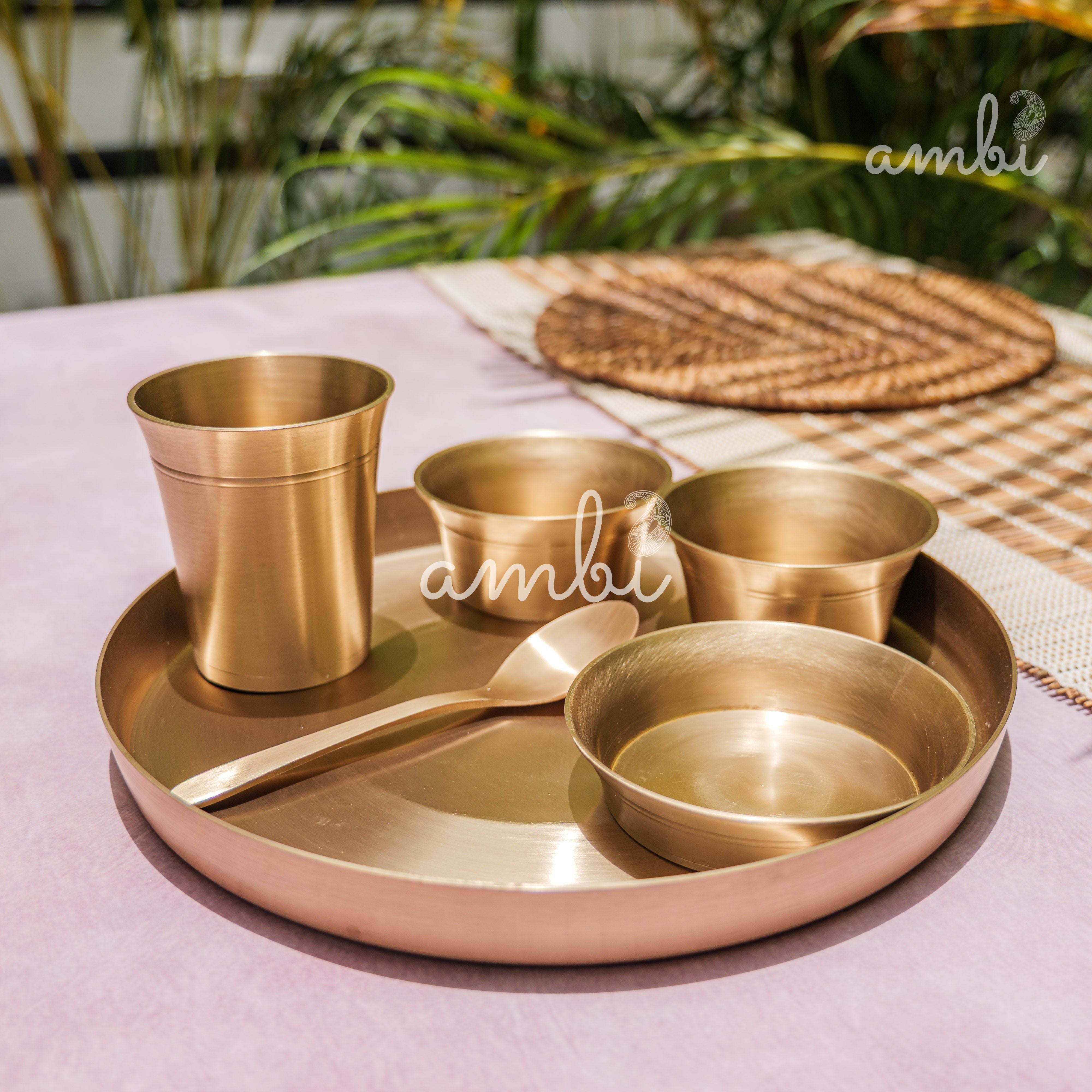 Ambi Pure 100% Lead Free Kansa Ethnic 'Fluid Grace' Thali Set of 6 Pieces - Heavy Make, Stackable Space-Saving Design