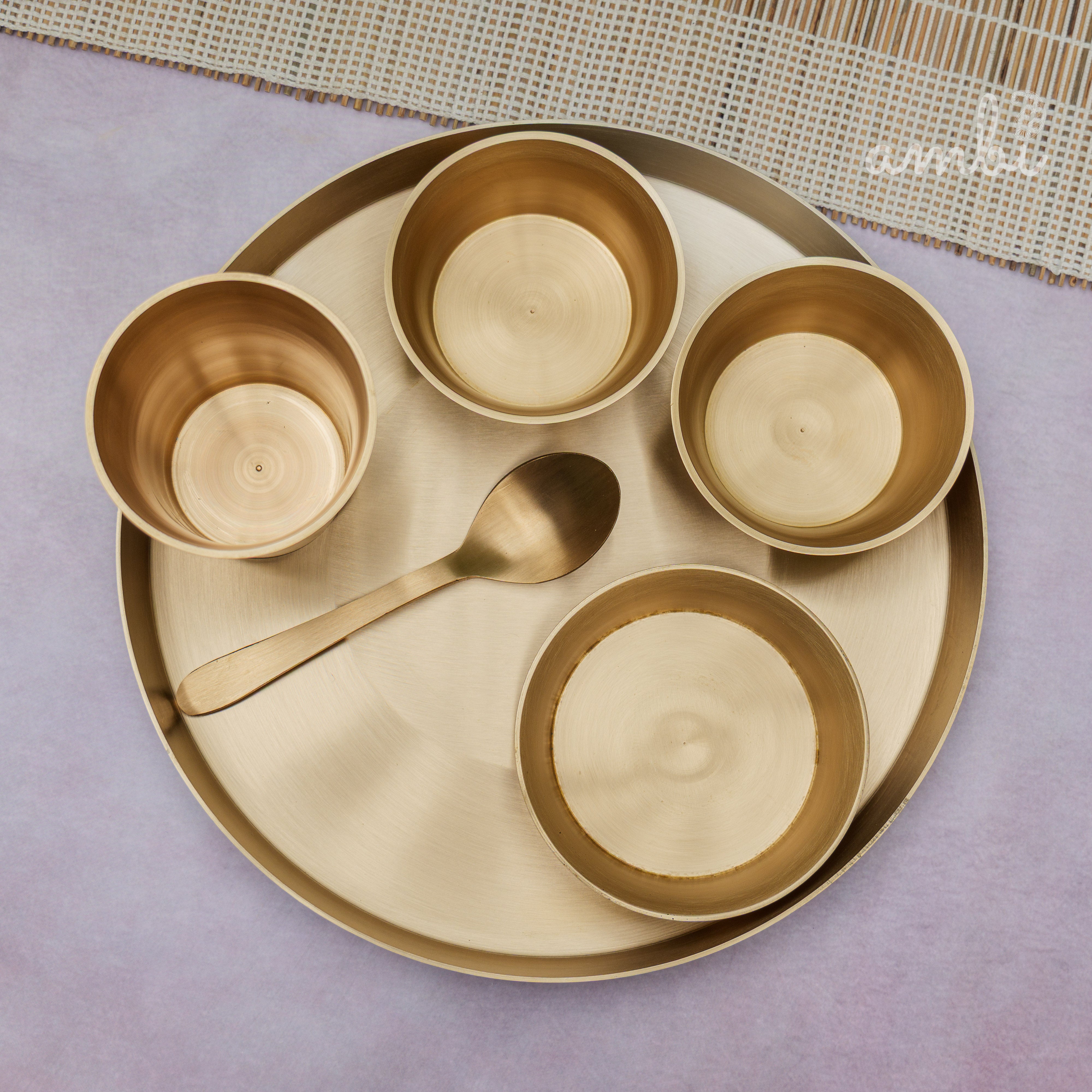 Ambi Pure 100% Lead Free Kansa Ethnic 'Fluid Grace' Thali Set of 6 Pieces - Heavy Make, Stackable Space-Saving Design