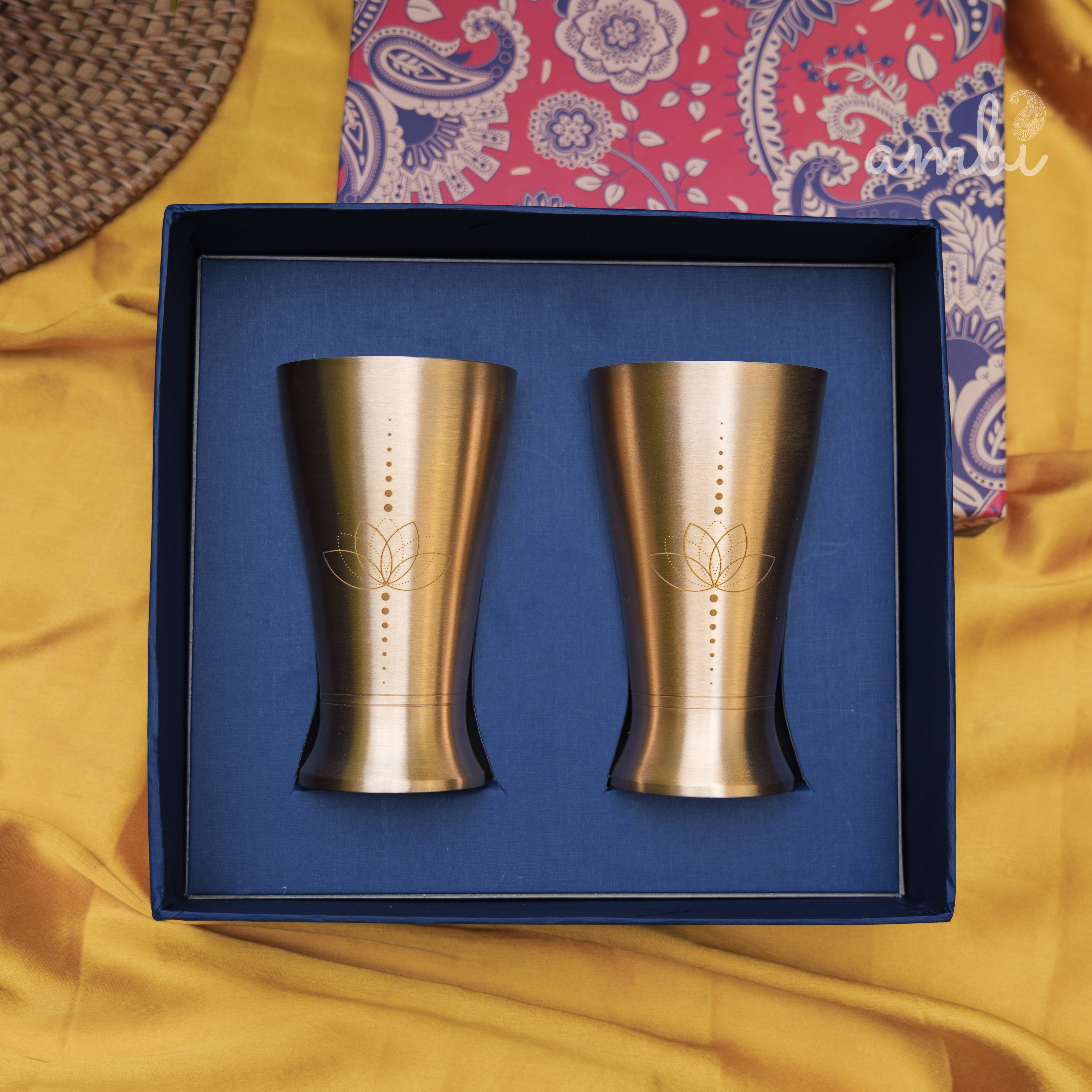 Ambi Gift Set – 2 Lead-Free, 100% Pure Kansa Etched Glasses – Zen Lotus