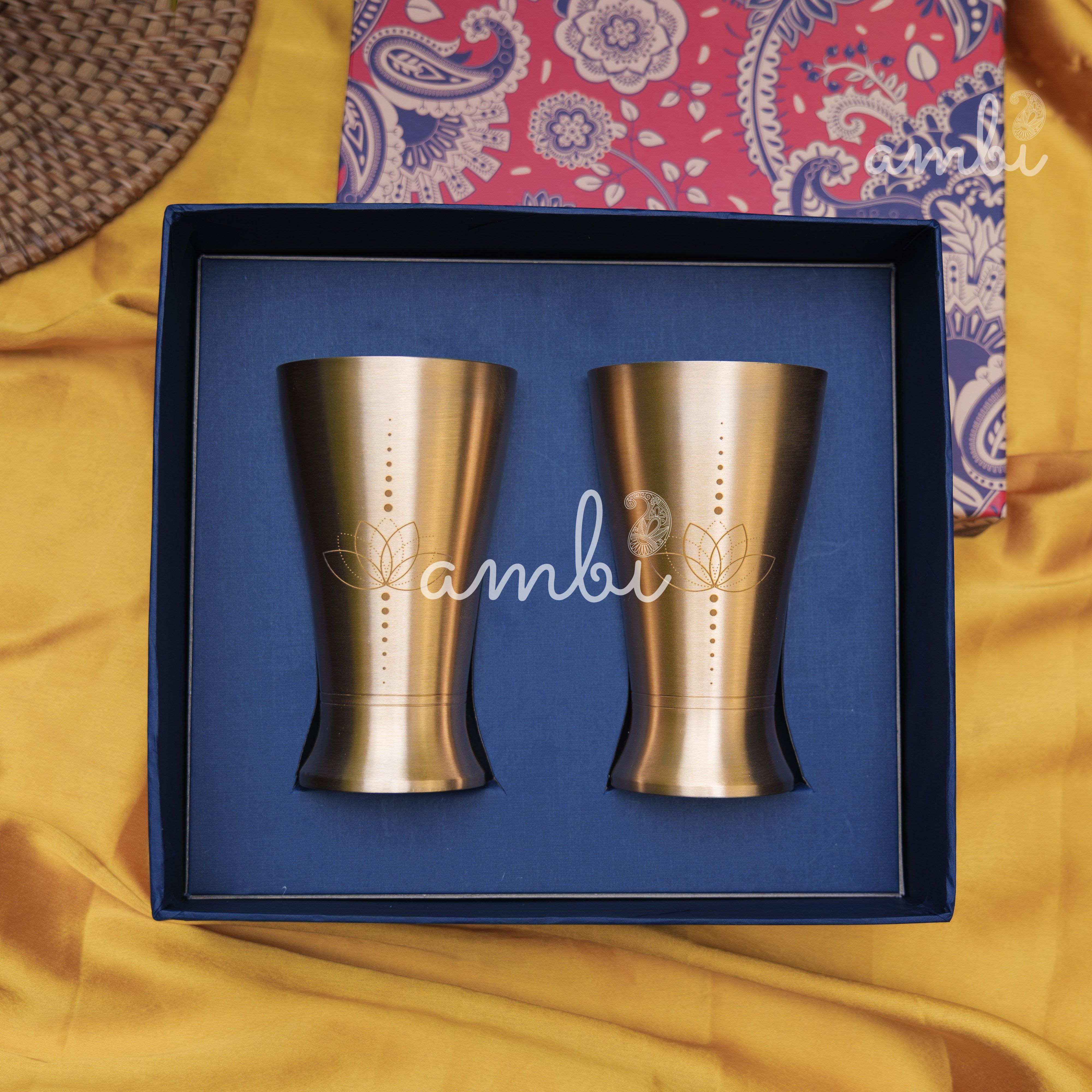 Ambi Gift Set – 2 Lead-Free, 100% Pure Kansa Etched Glasses – Zen Lotus